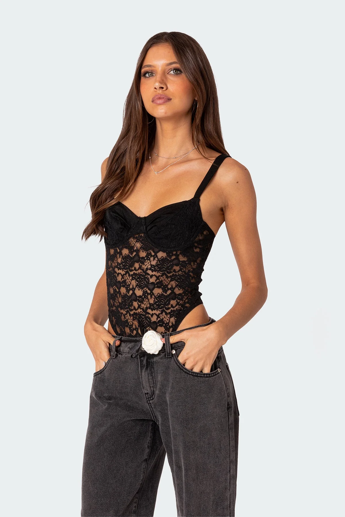Satin Lace Effect Cupped Black Bodysuit