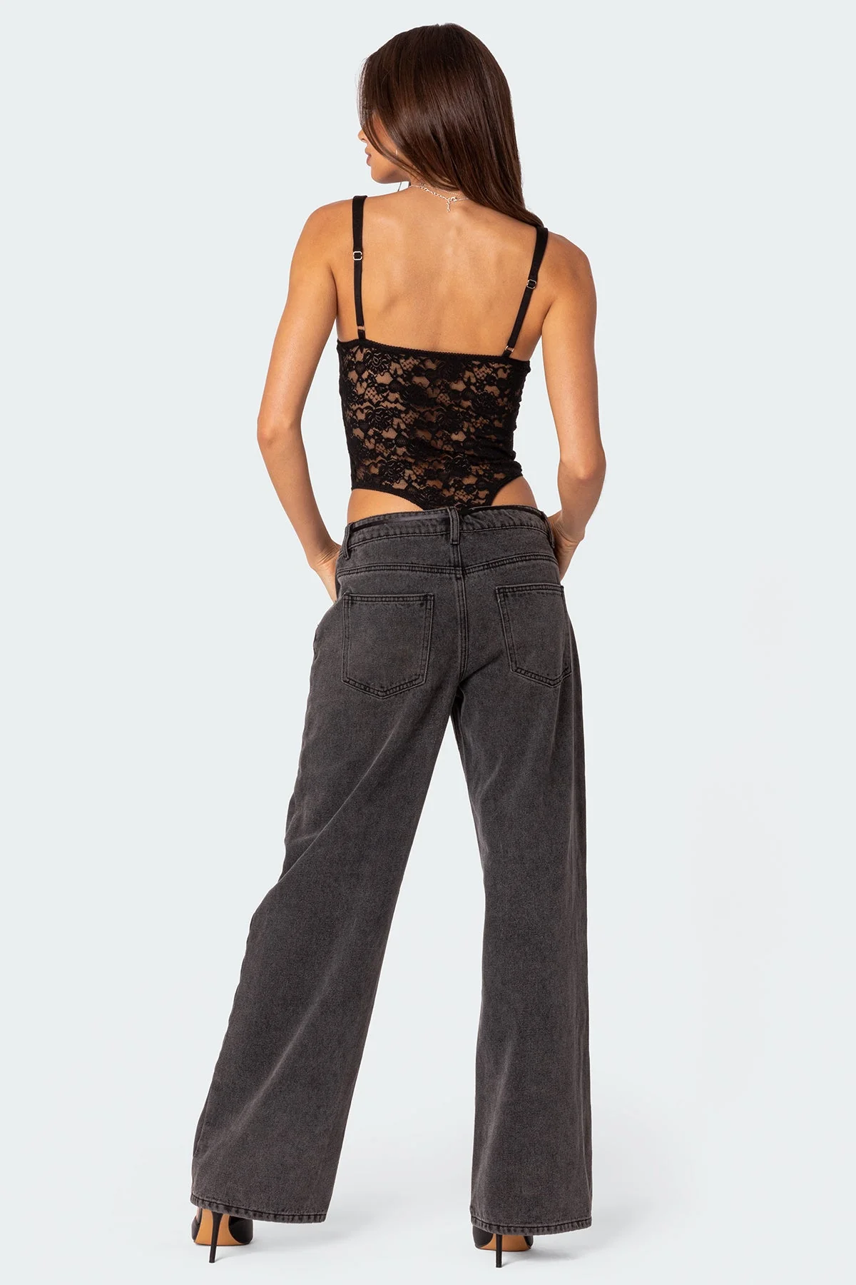 Satin Lace Effect Cupped Black Bodysuit