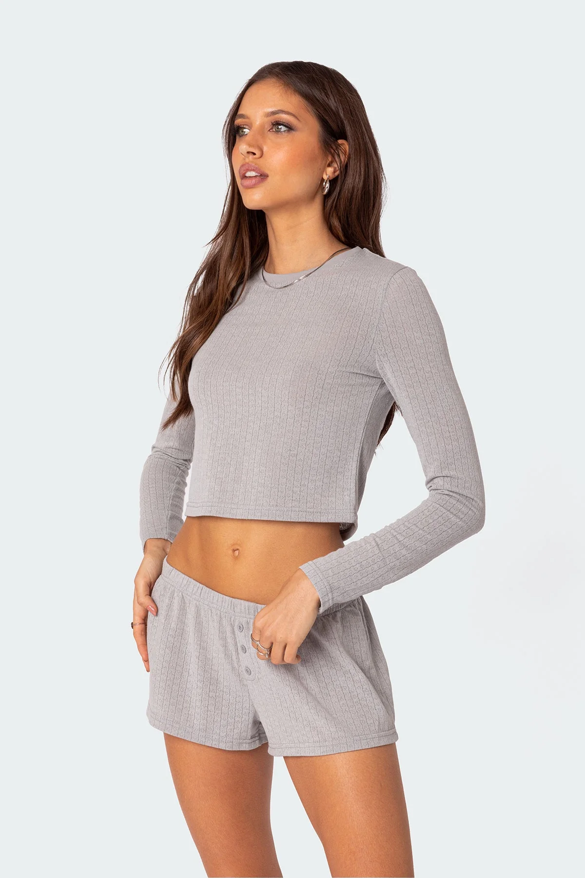 Cozy Pointelle Long Sleeve T-Shirt in Gray