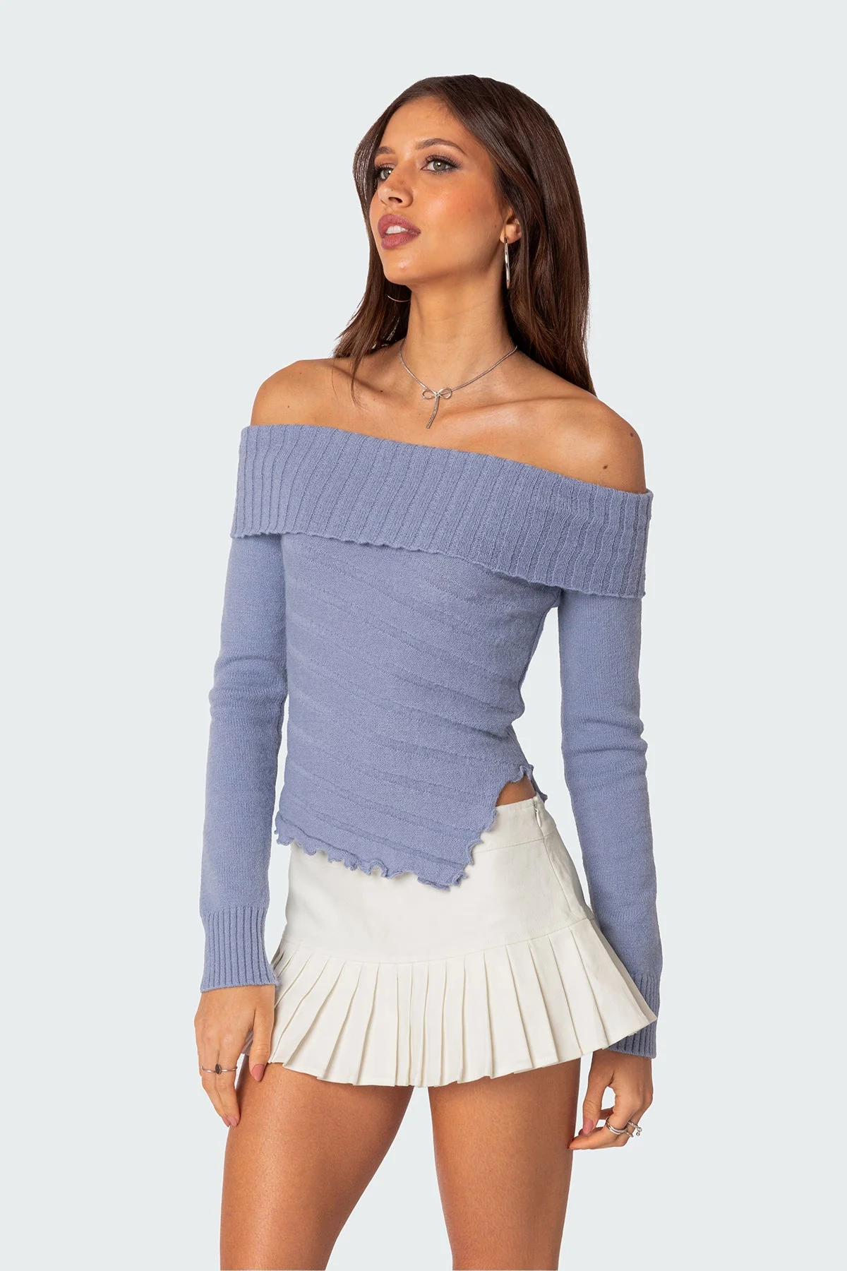 Blue Knit Fold-Over Sweater