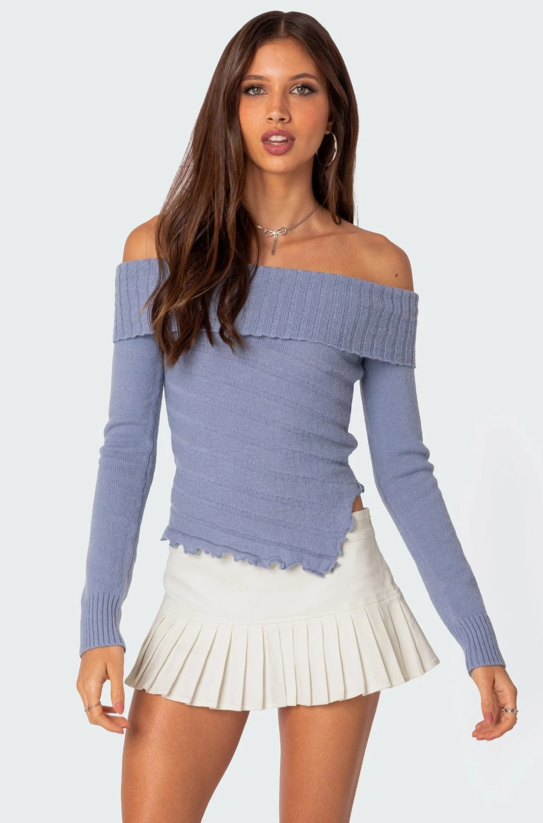Blue Knit Fold-Over Sweater