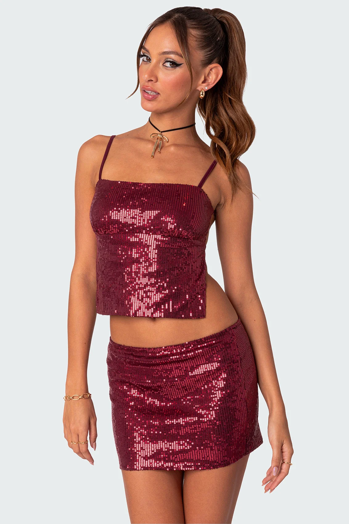 Red Sequin Crop Top with Open Back