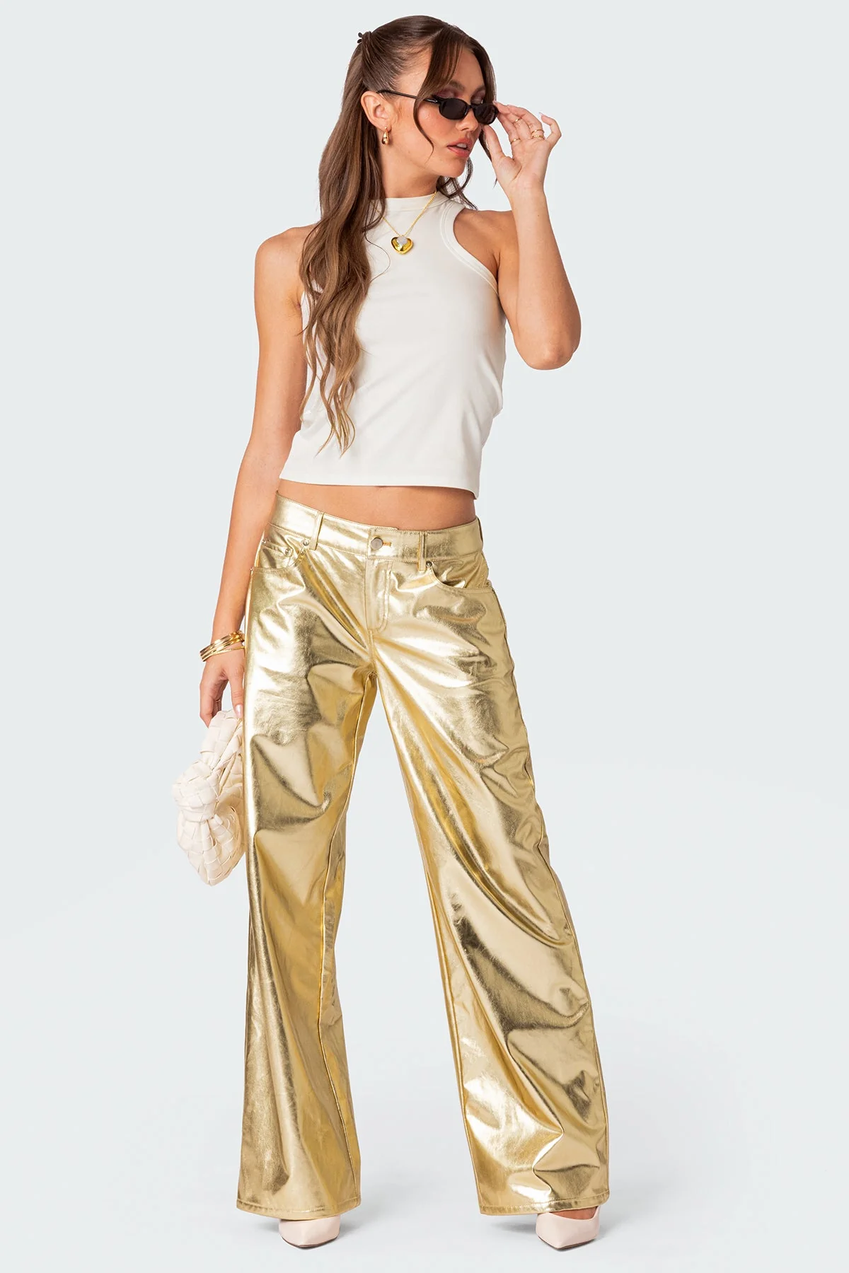 Metallic Low Rise Denim Jeans in Gold Color XS-XL Sizes