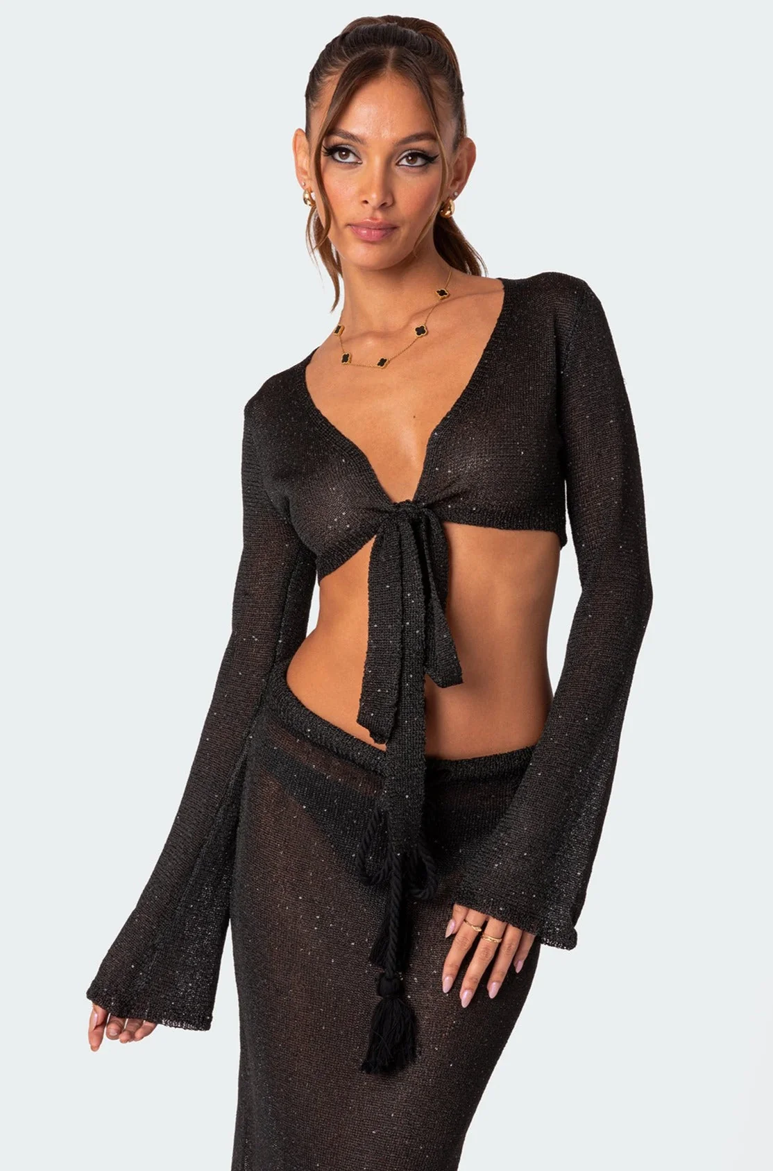 Black Sequin Knit Crop Sweater