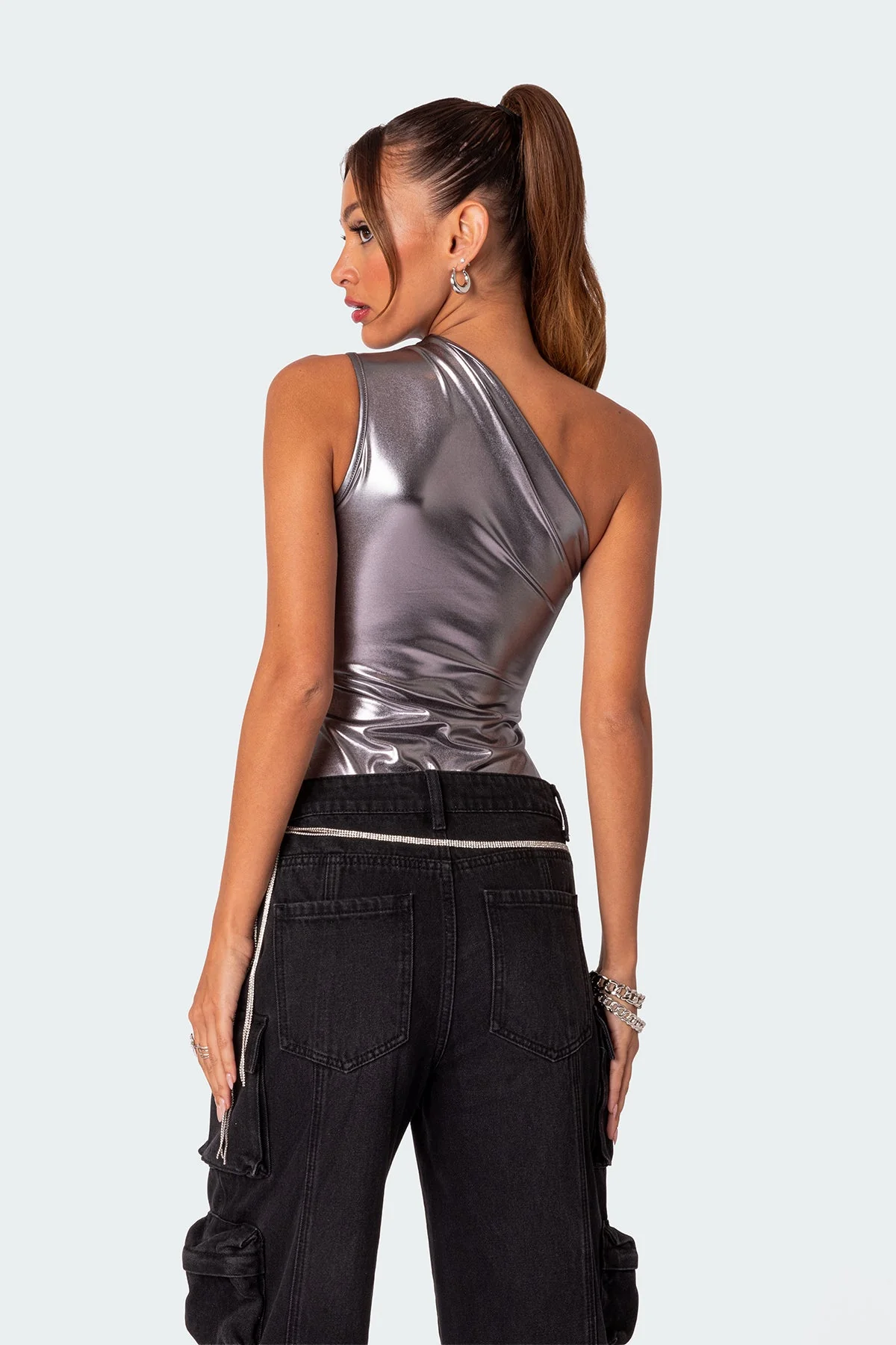 Shimmer Metallic Gathering Bodysuit in Silver Color