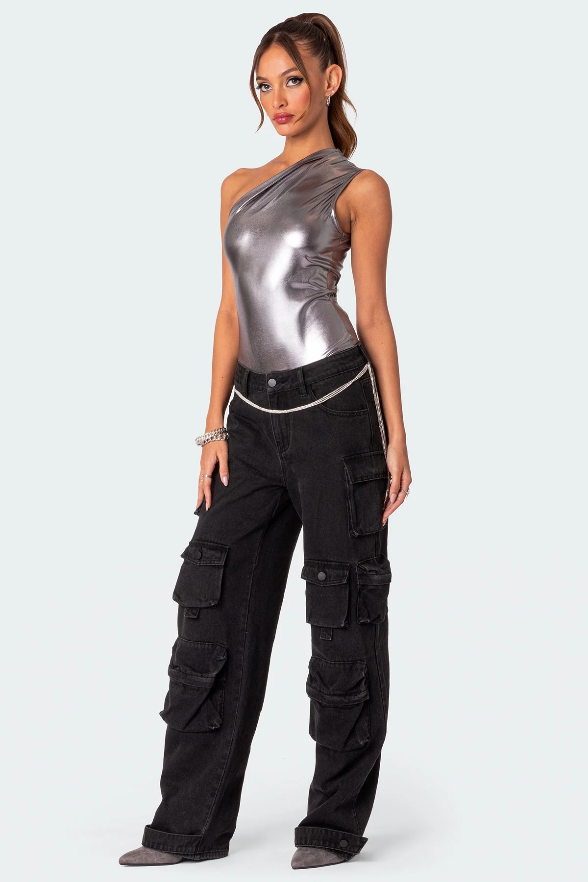 Shimmer Metallic Gathering Bodysuit in Silver Color