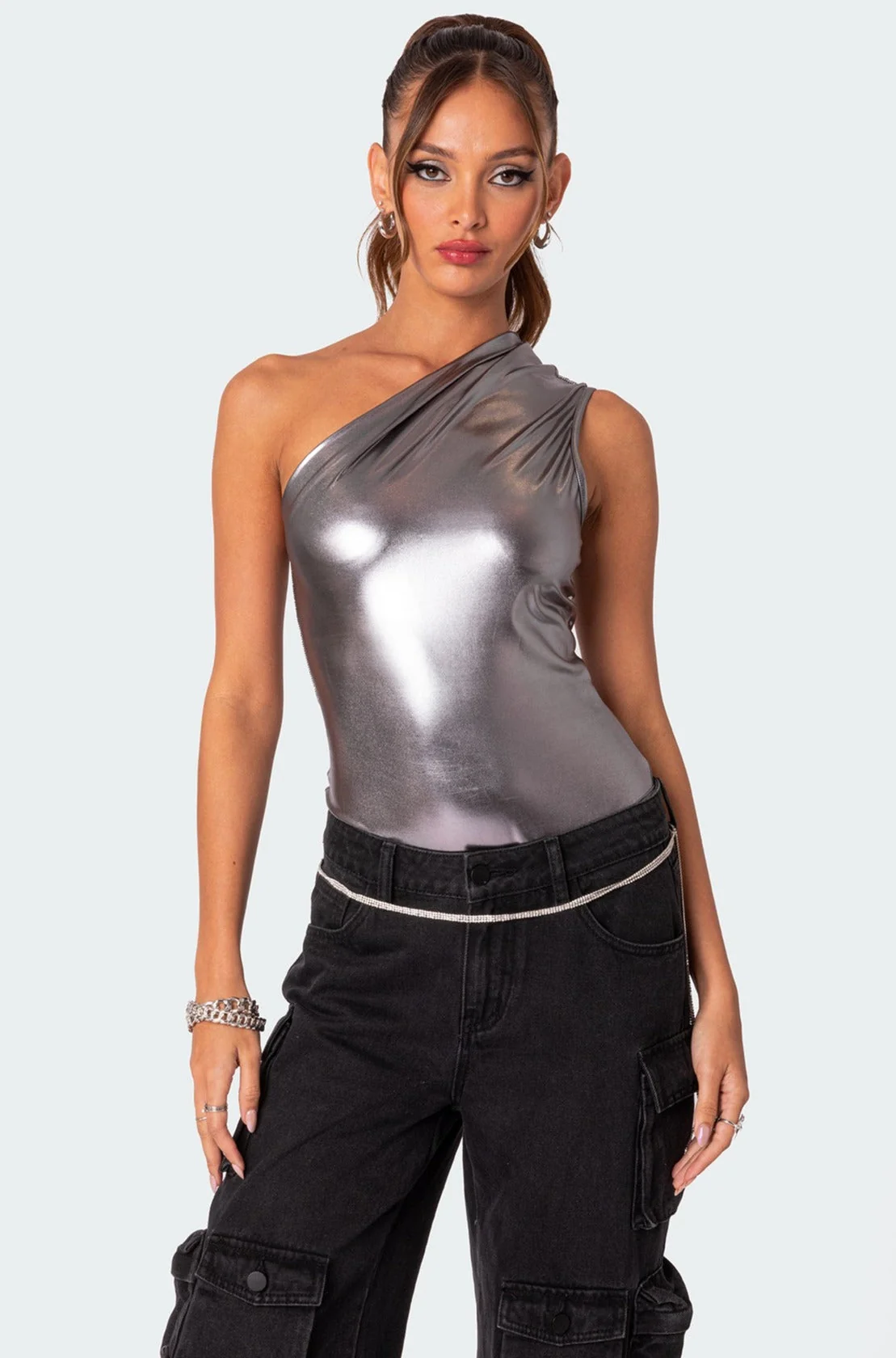 Shimmer Metallic Gathering Bodysuit in Silver Color