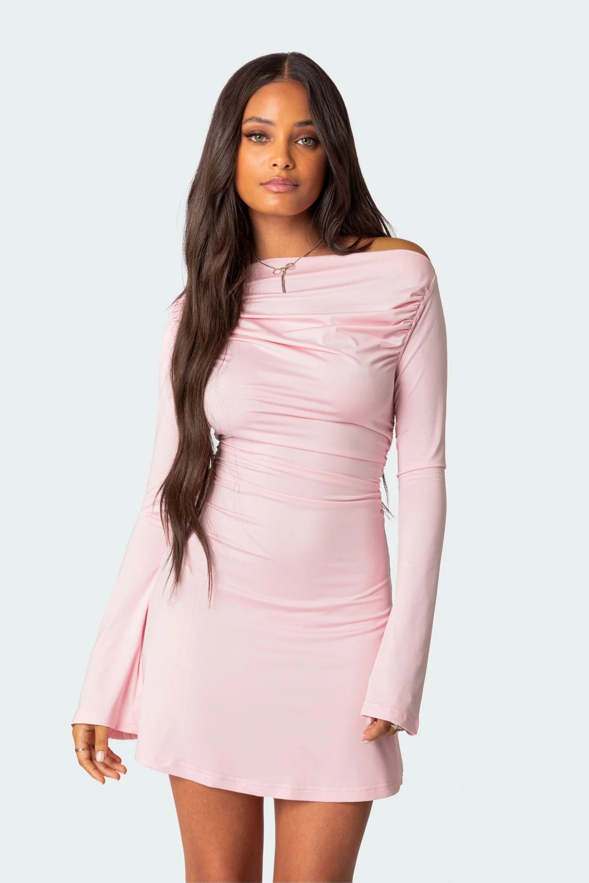 Pink Gathered Mini Dress Womens Boat Neck Bell Sleeves