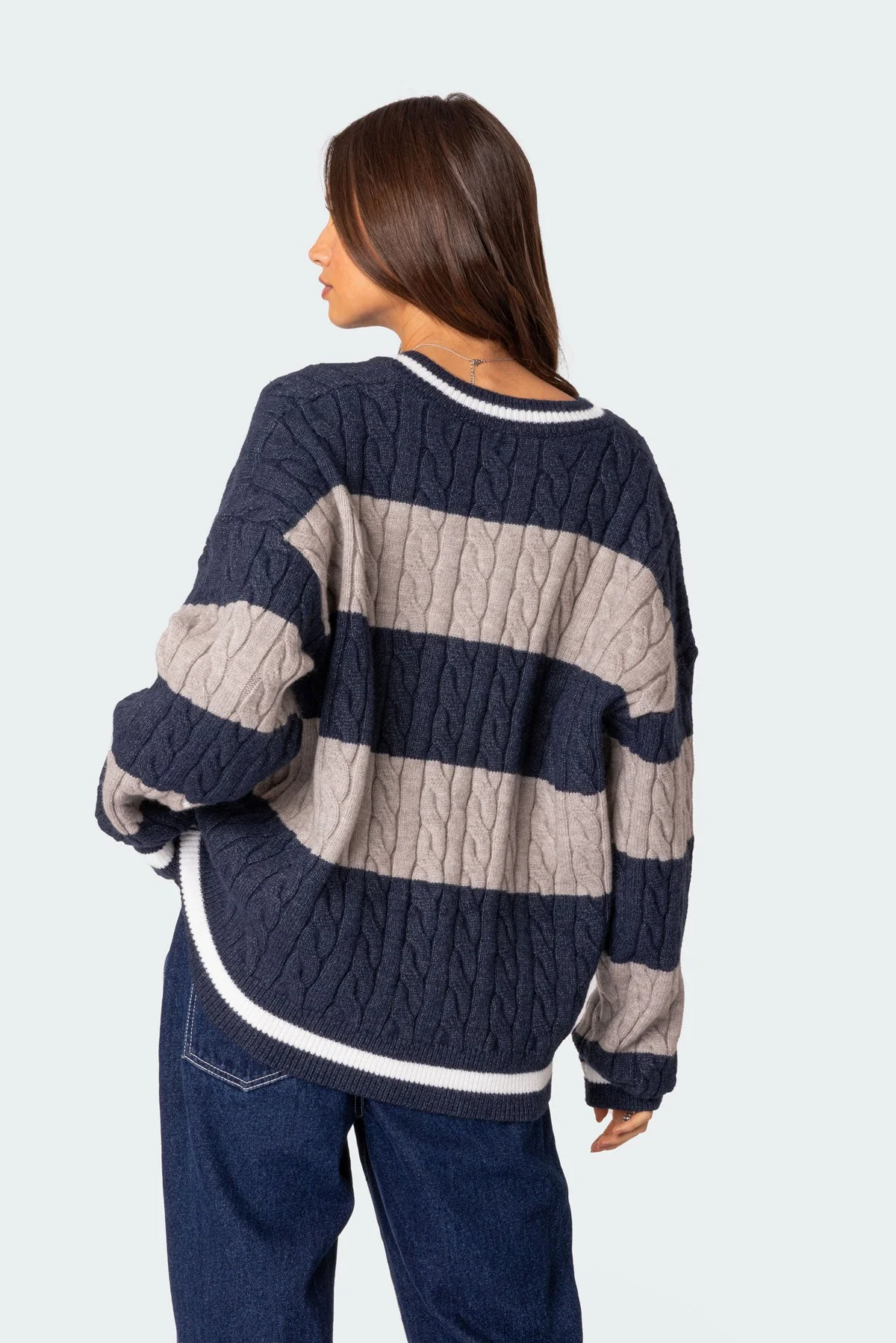 Navy Cable Knit V Neck Sweater