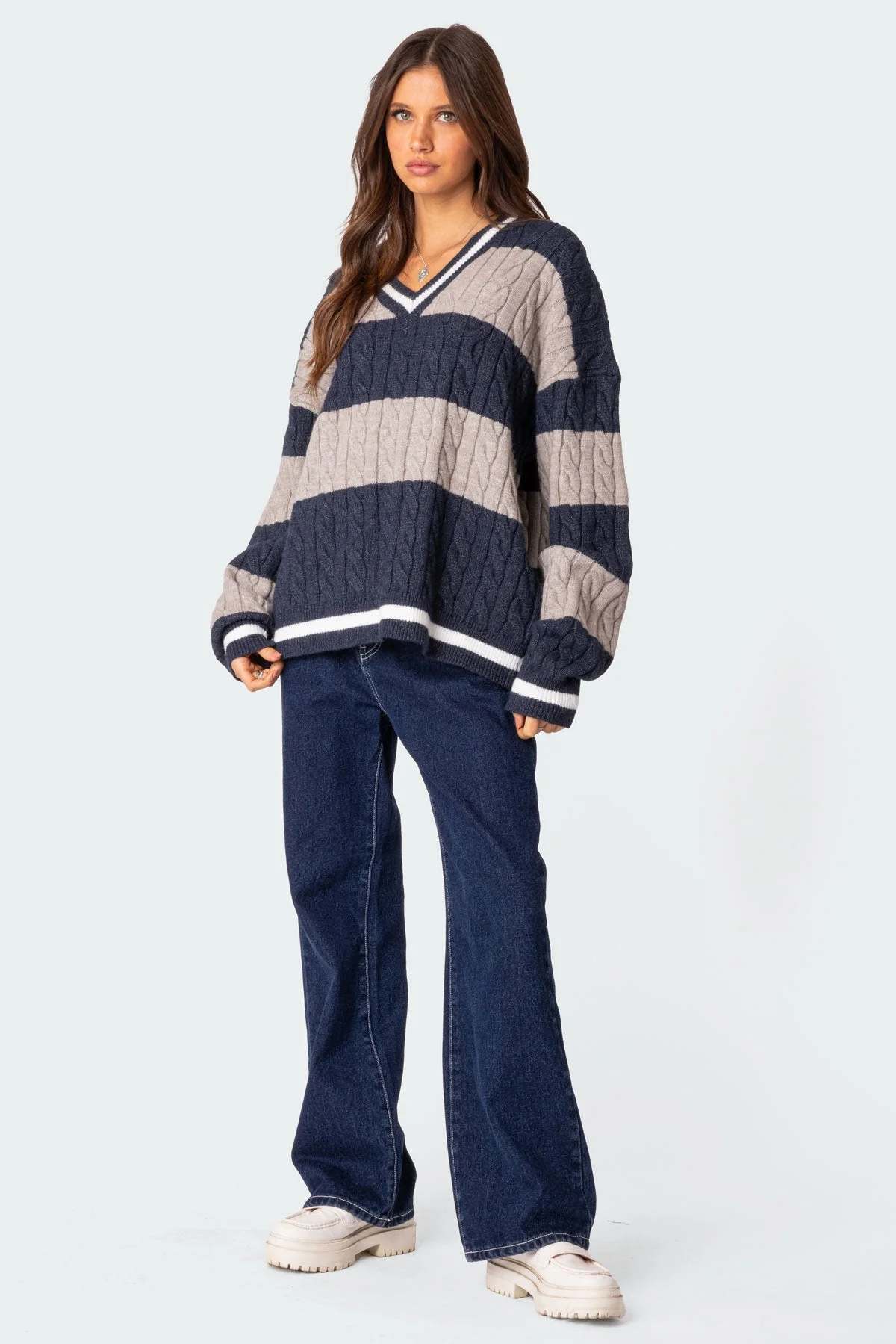 Navy Cable Knit V Neck Sweater