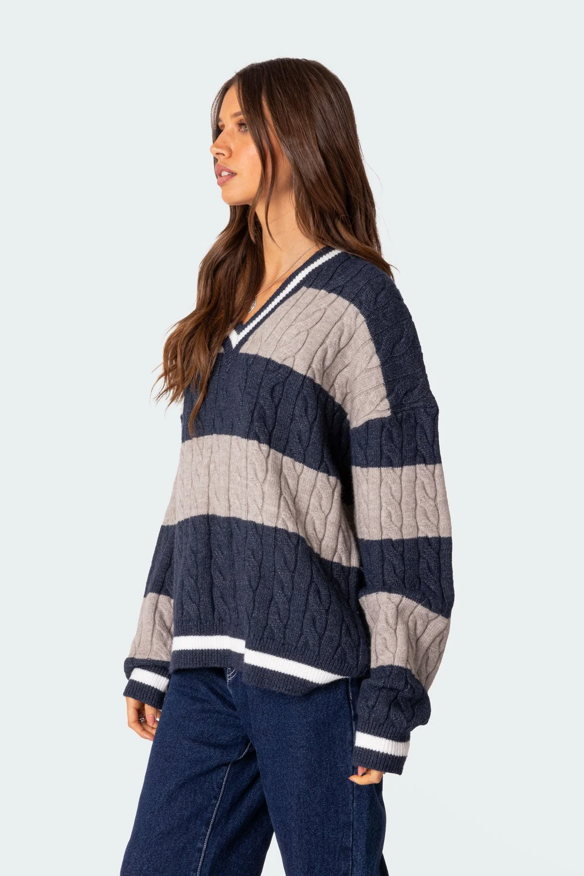Navy Cable Knit V Neck Sweater
