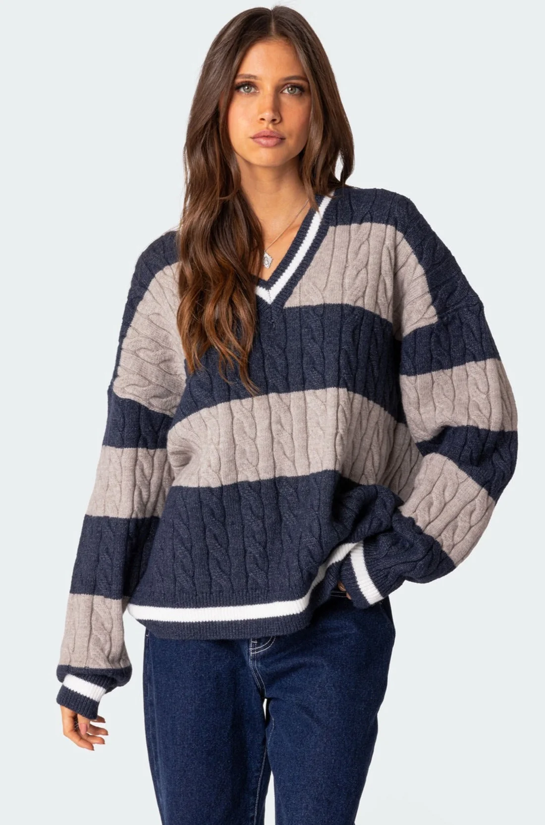 Navy Cable Knit V Neck Sweater