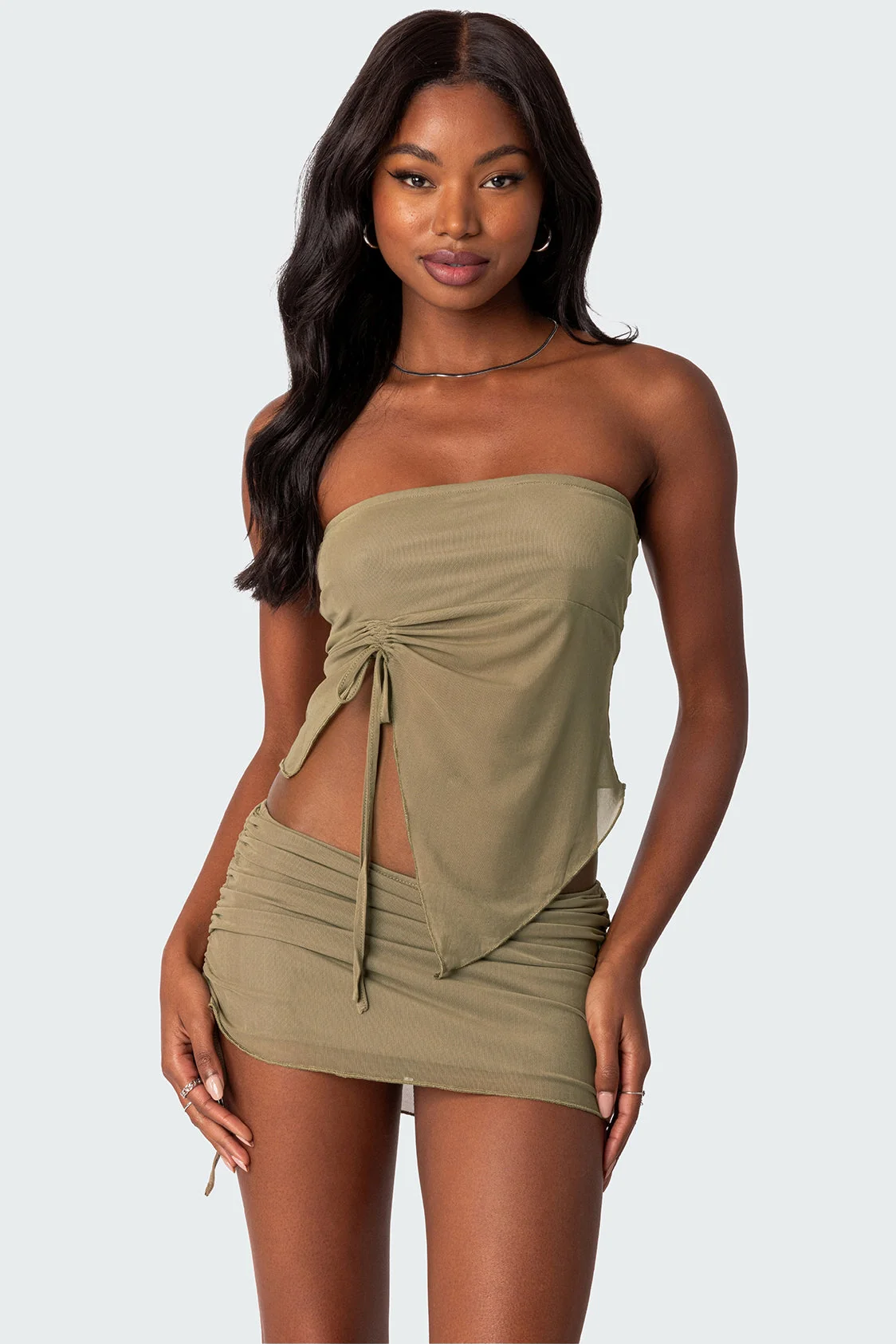 Sheer Mesh Green Strapless Tube Top