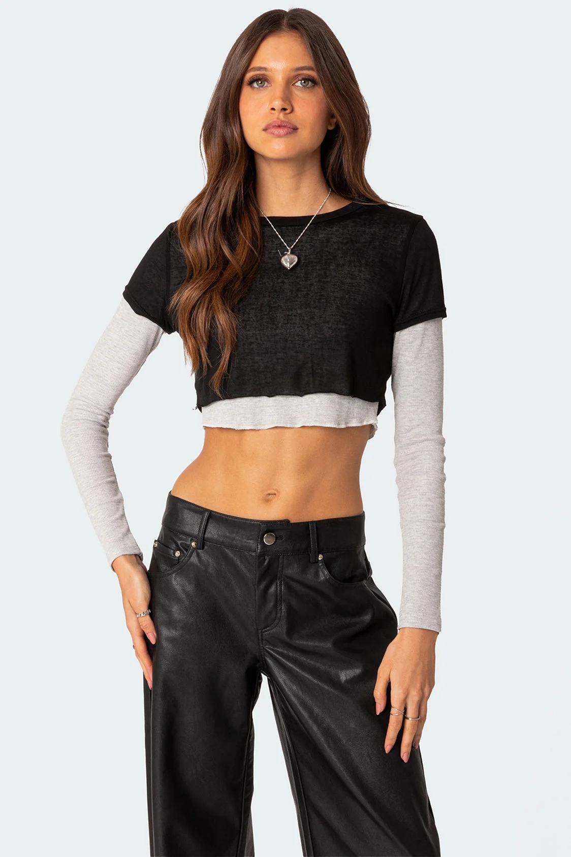 Layered Long Sleeve Crop Top in Black and Gray