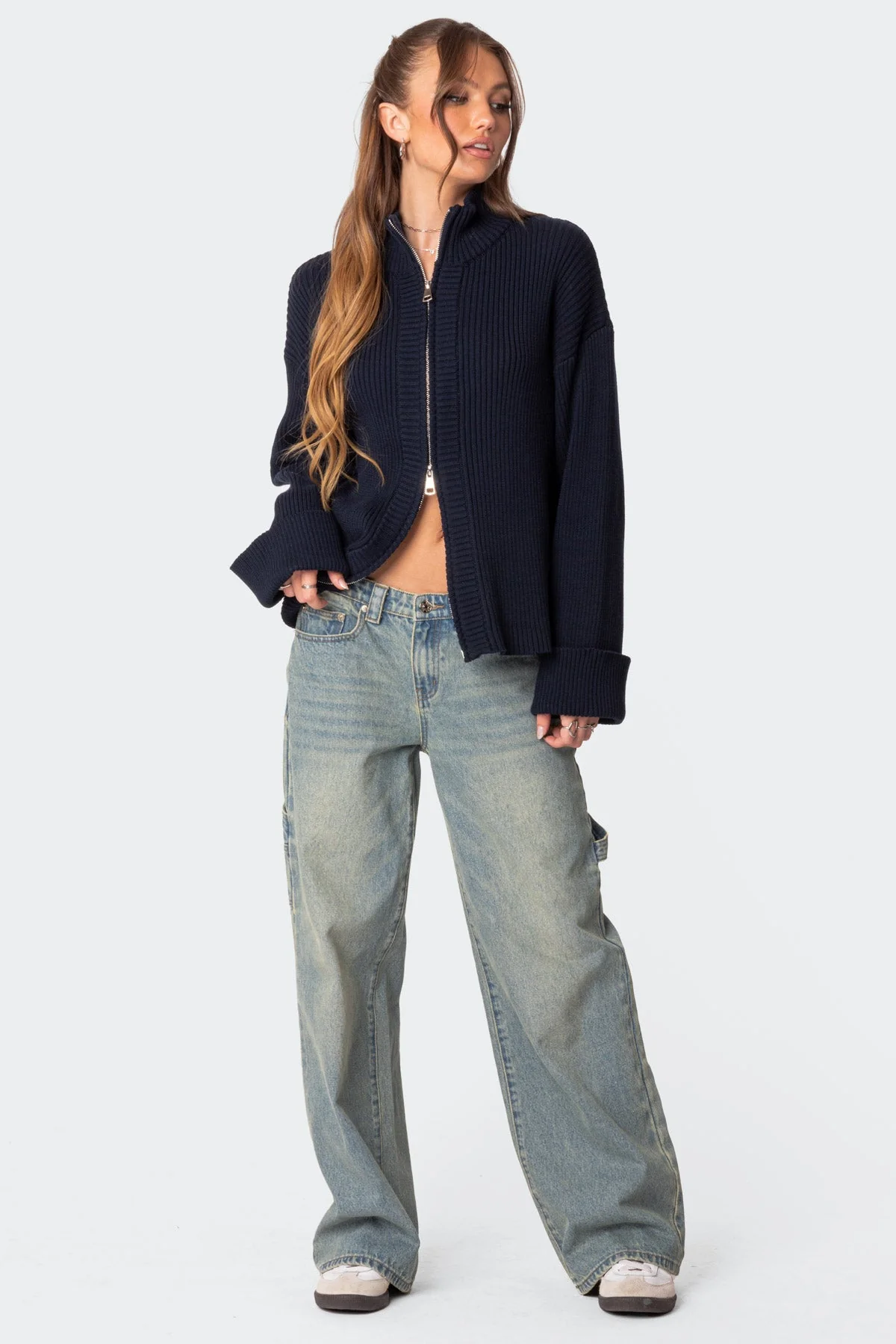 Navy Knitted Zip-Up Cardigan