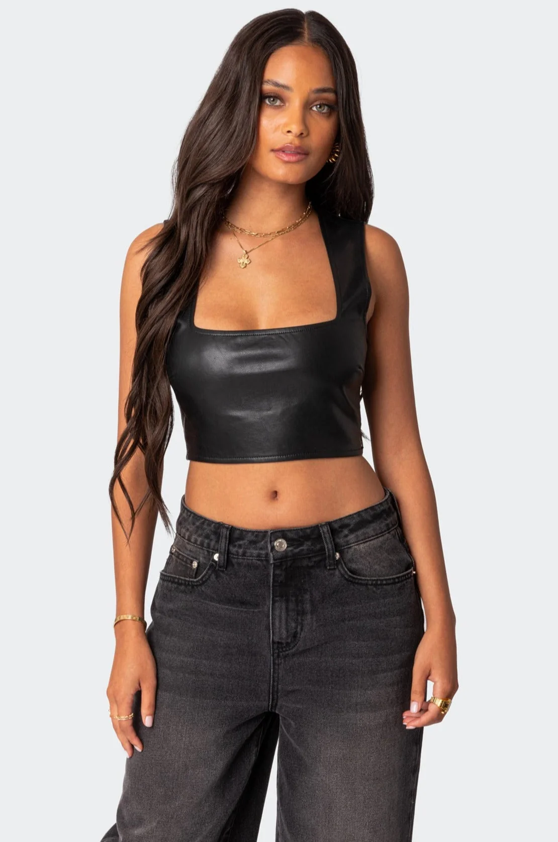 Black Faux Leather Crop Top - Trendy Square Neckline Style