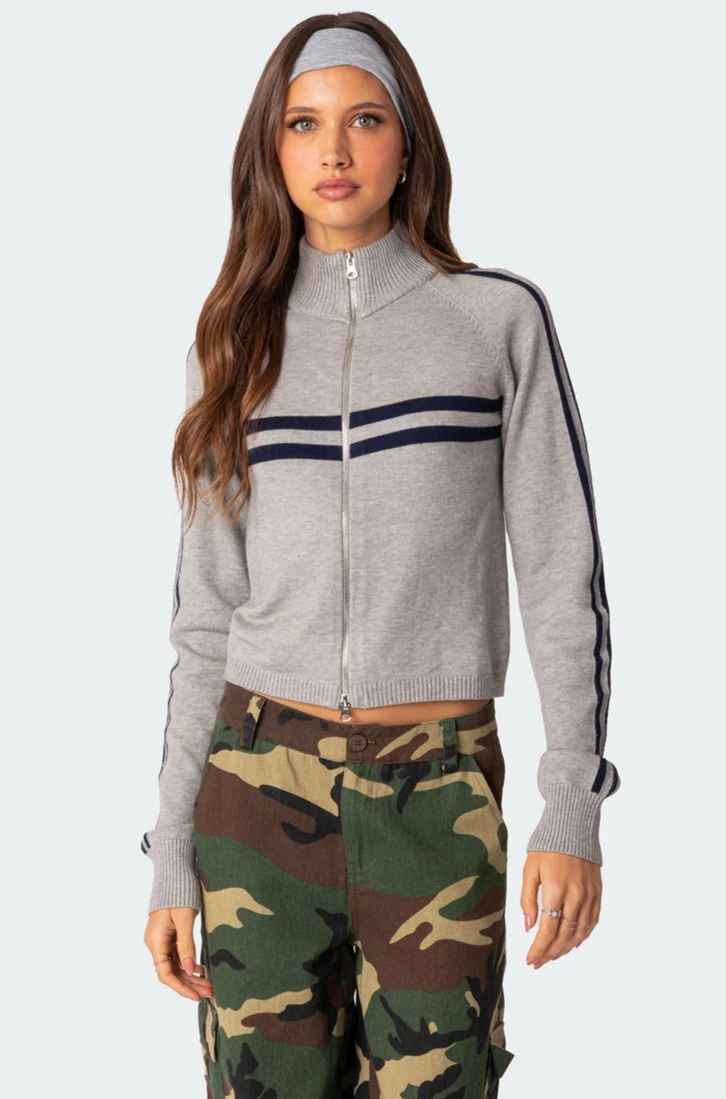 Gray Melange Knit Zip Up Cardigan