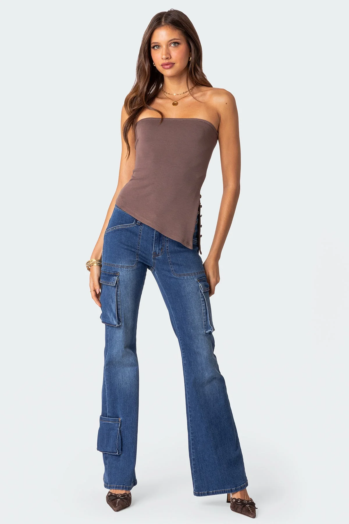 Blue Washed Denim Cargo Pants - Flared Leg Fit