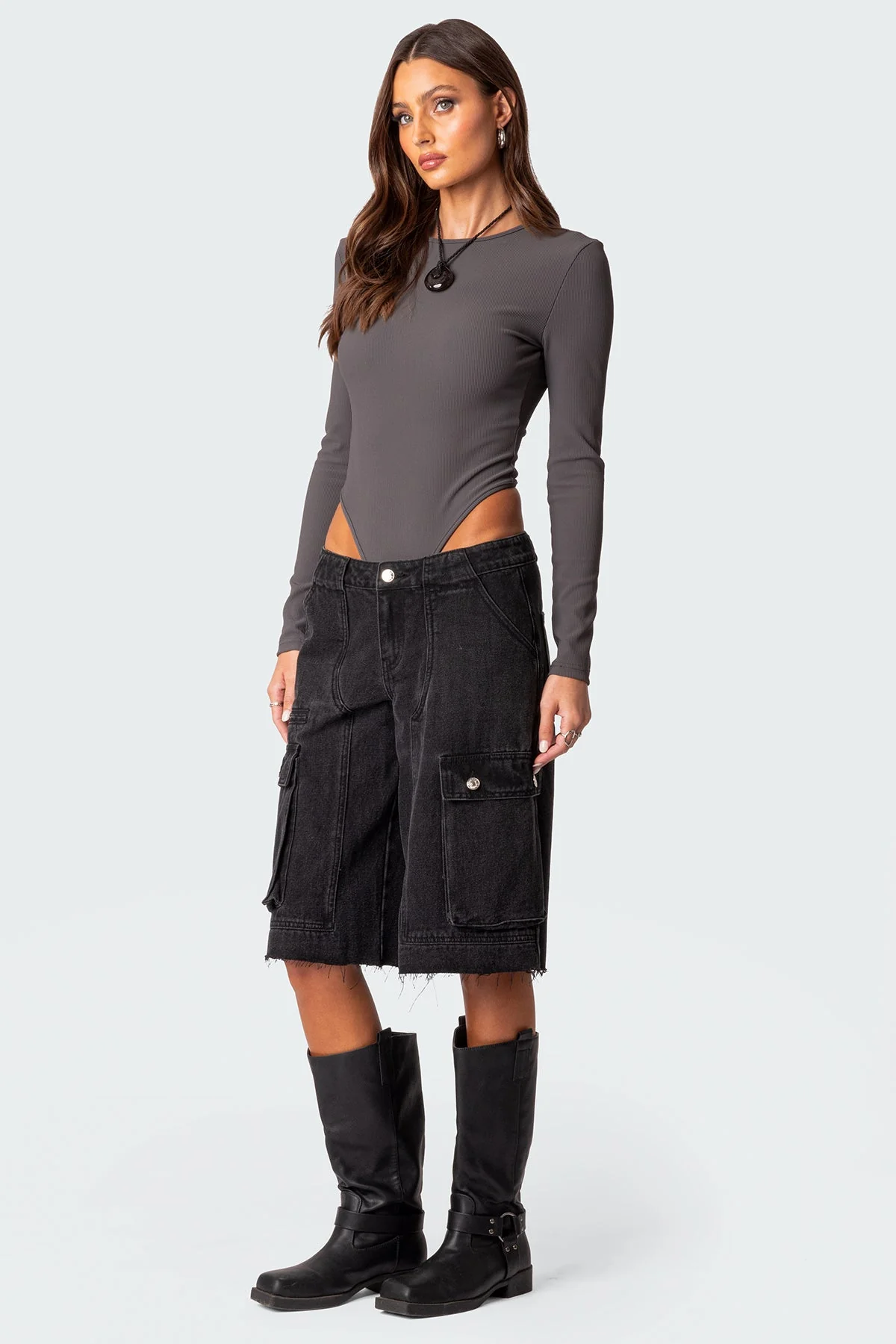 Gray Open Back Dance Bodysuit