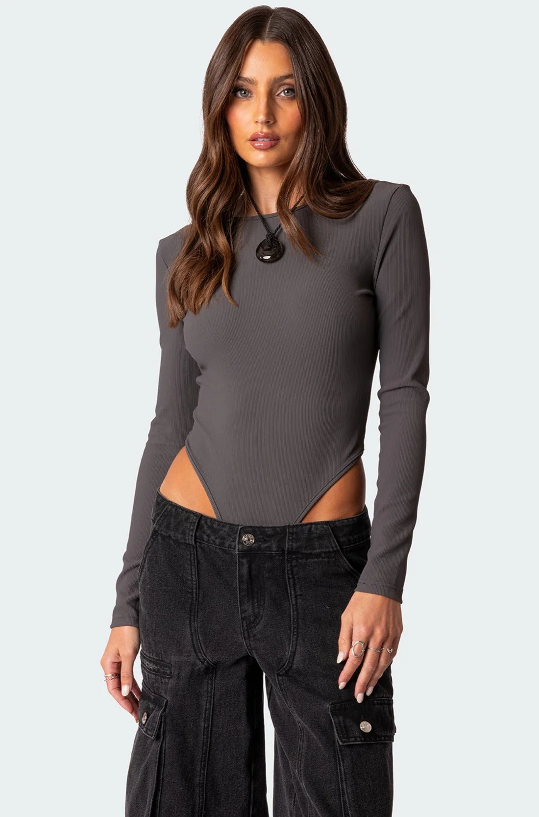 Gray Open Back Dance Bodysuit