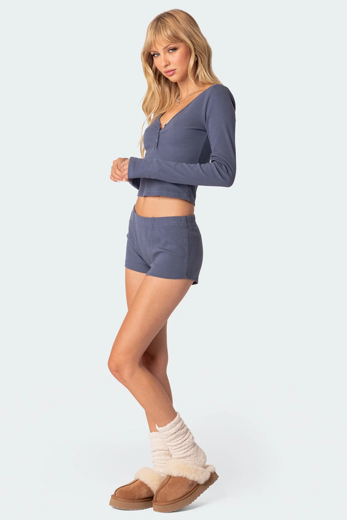 Blue Ribbed Lounge Top for Women - V Neckline, Button Front, Cotton, Spandex