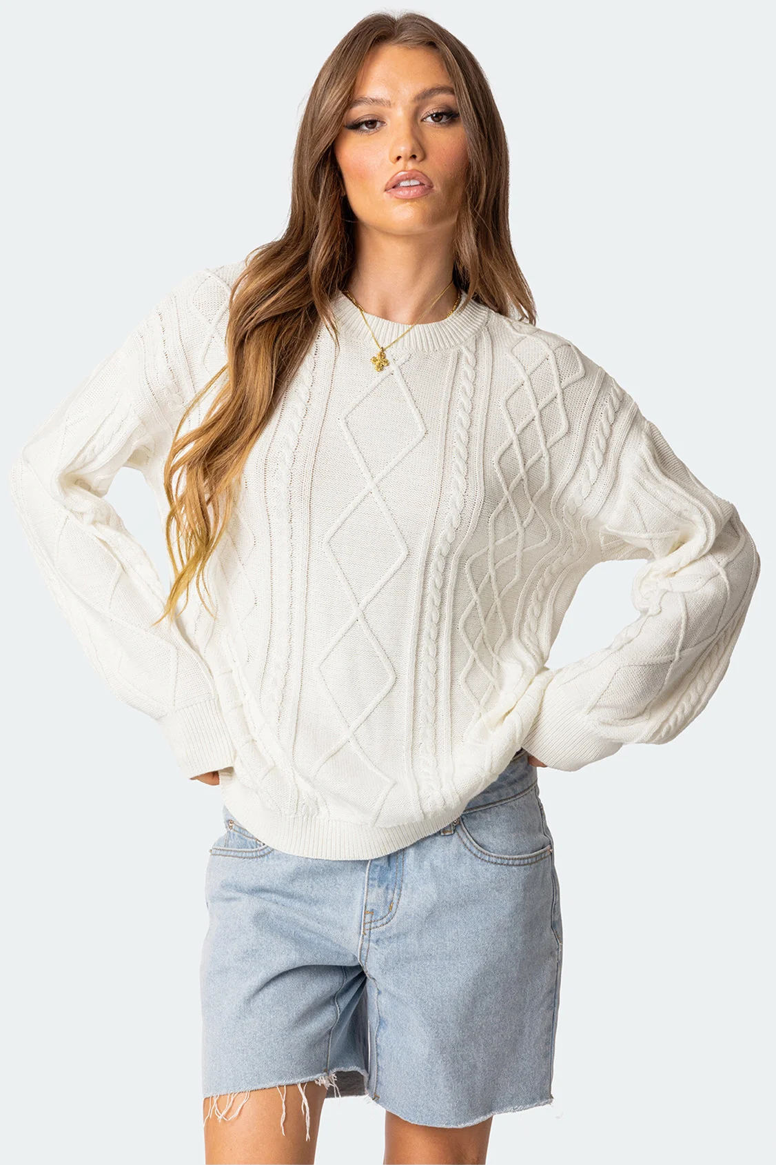 Cream Cable Knit Oversized Sweater Women 100% Cotton