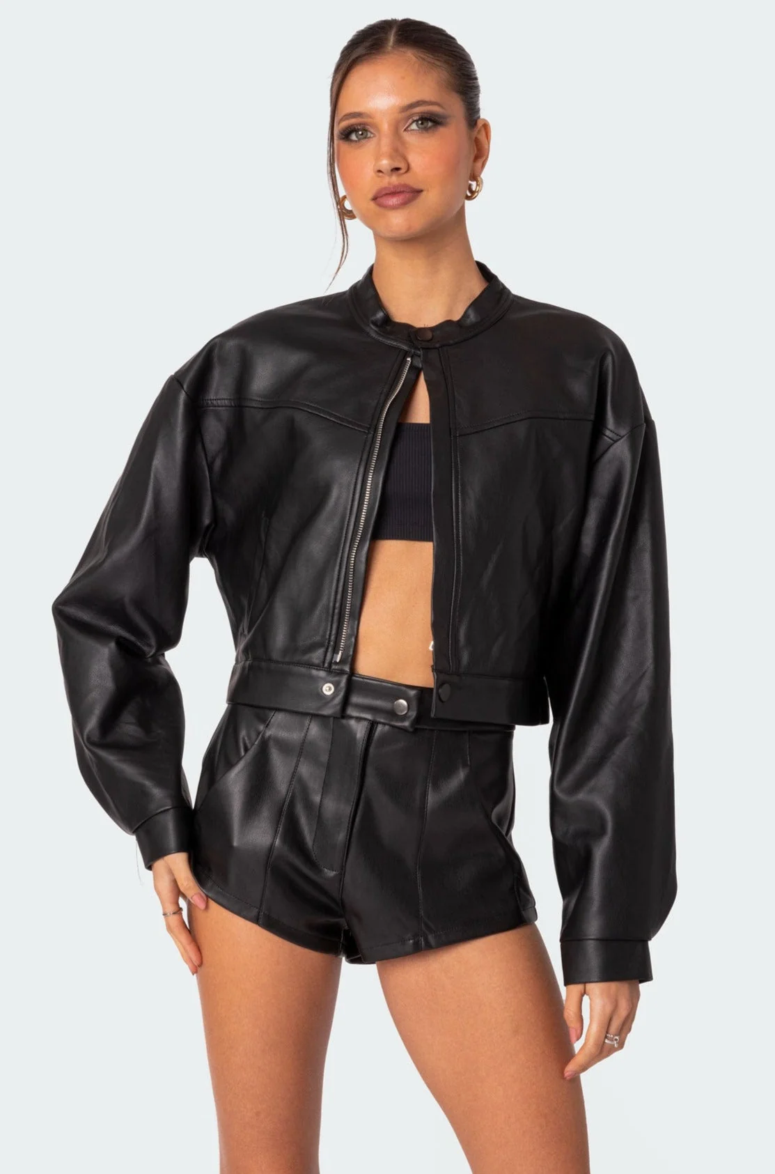 Black Faux Leather Cropped Jacket for Women
