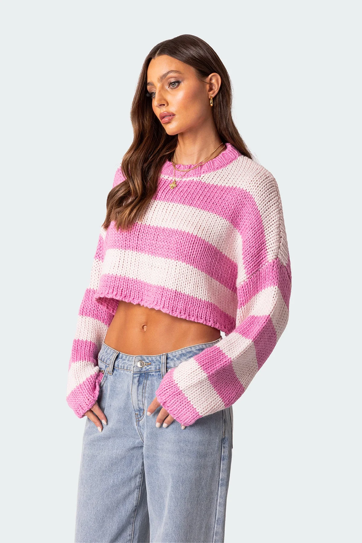 Pink Cropped Knitted Sweater XS/S-M/L-XL