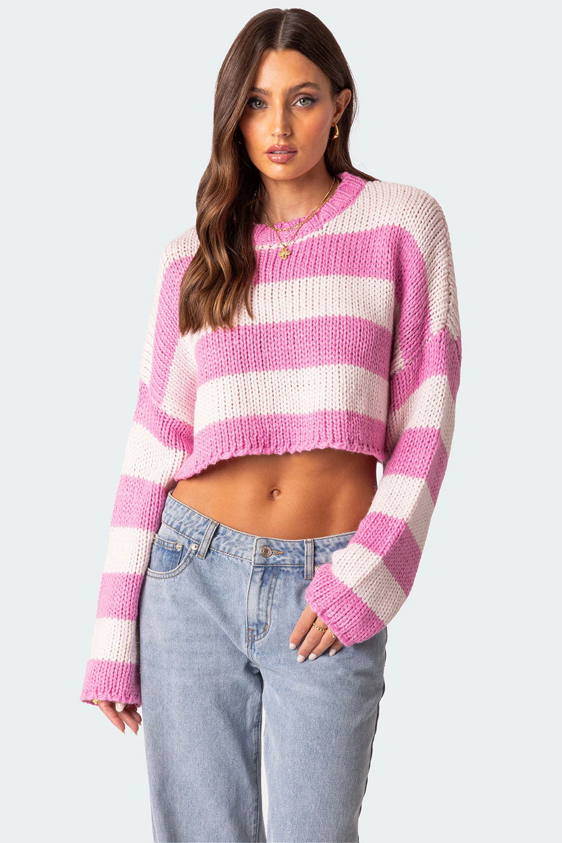 Pink Cropped Knitted Sweater XS/S-M/L-XL
