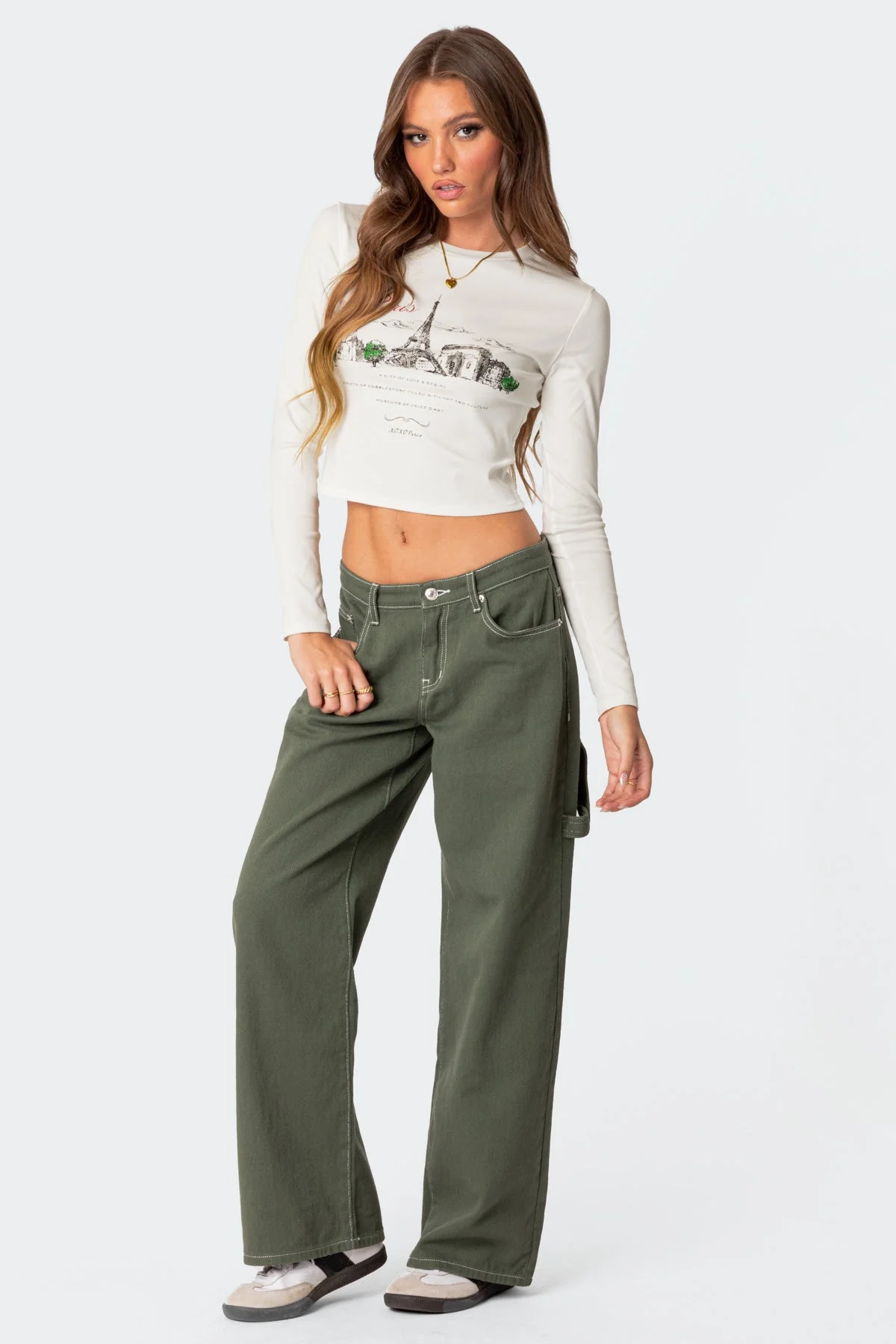 Womens Olive Low Rise Denim Carpenter Pants