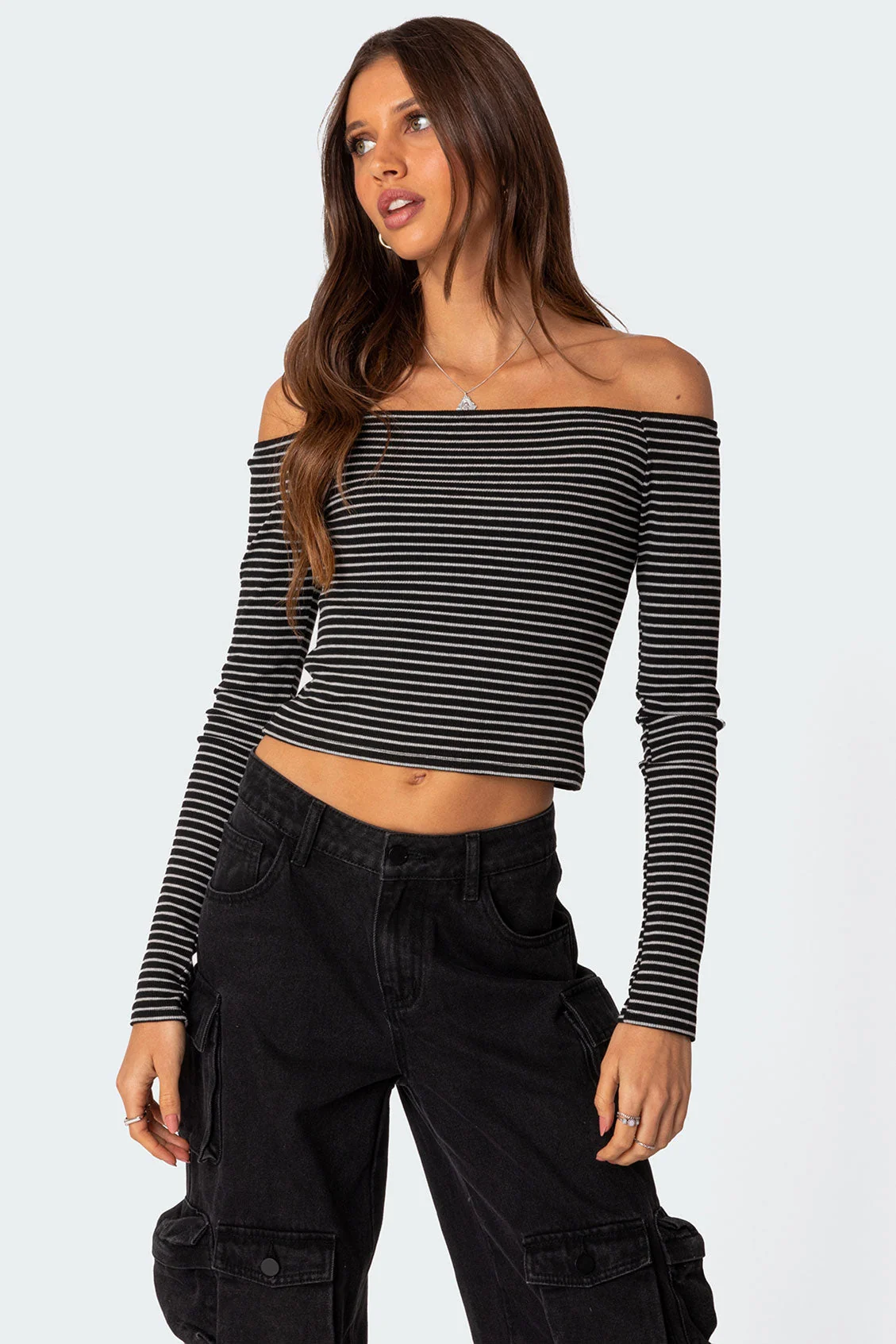 Canary Ribbed Off-Shoulder Top Womens Long Sleeve Black