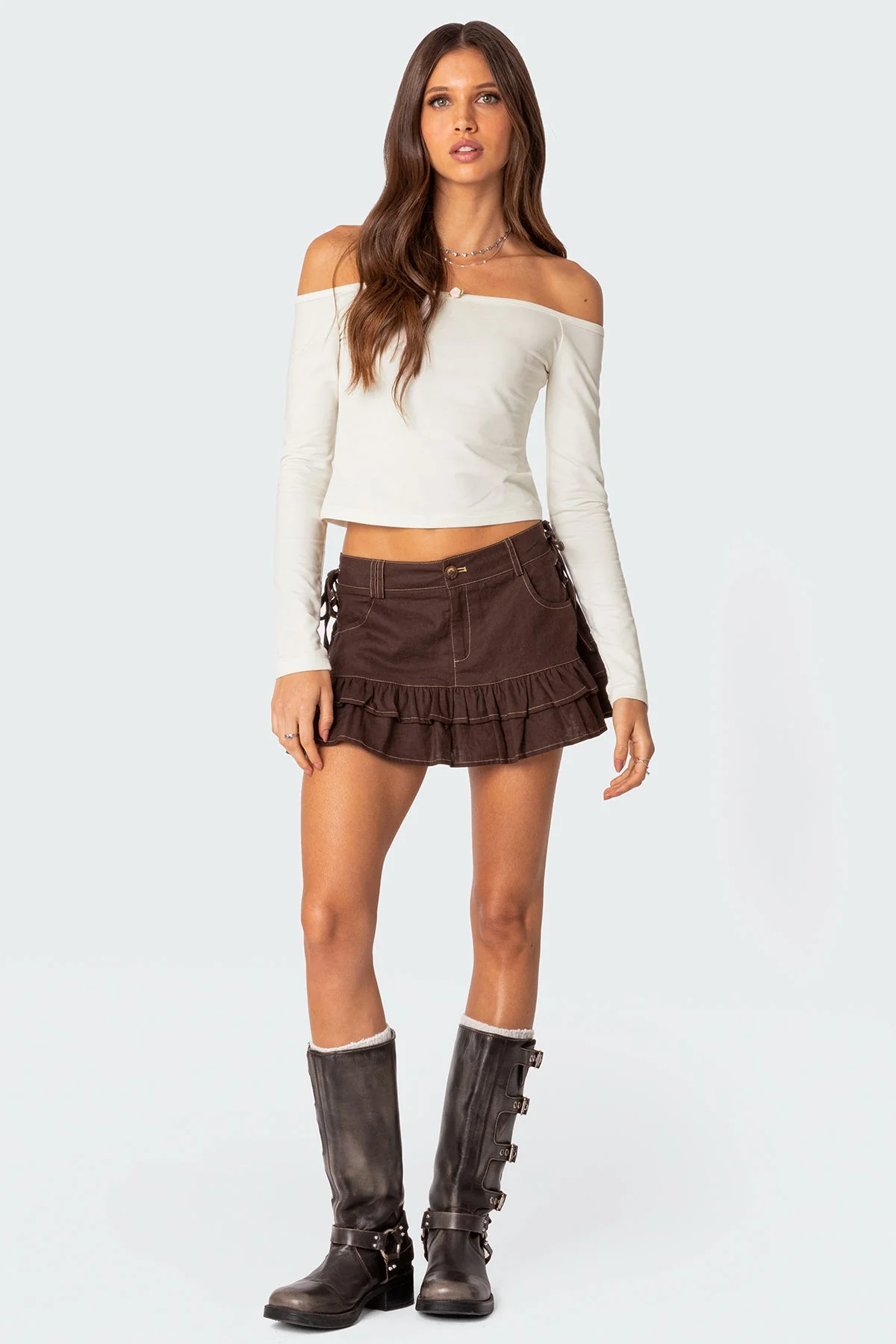 Brown Ruffle Linen Look Mini Skirt Womens Fashion