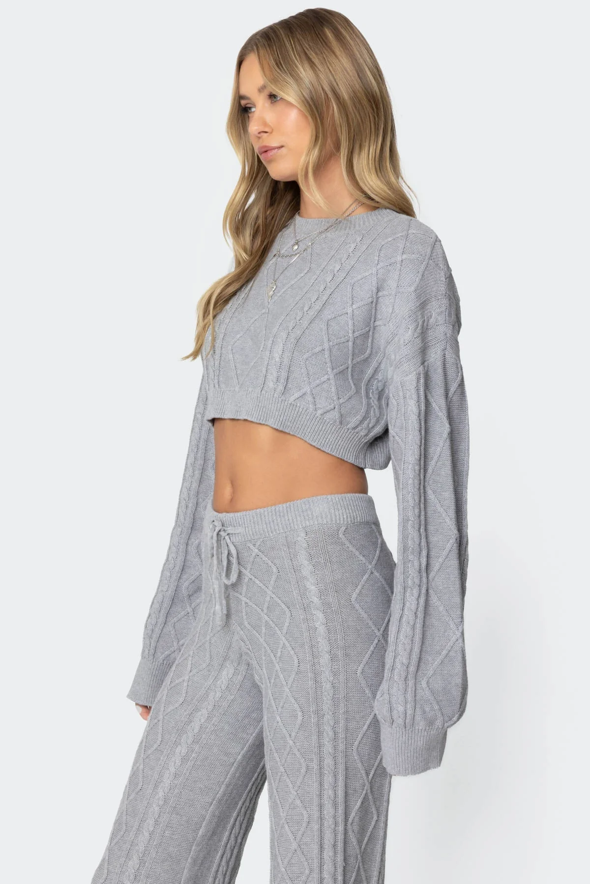 Gray Cable Knit Cropped Sweater