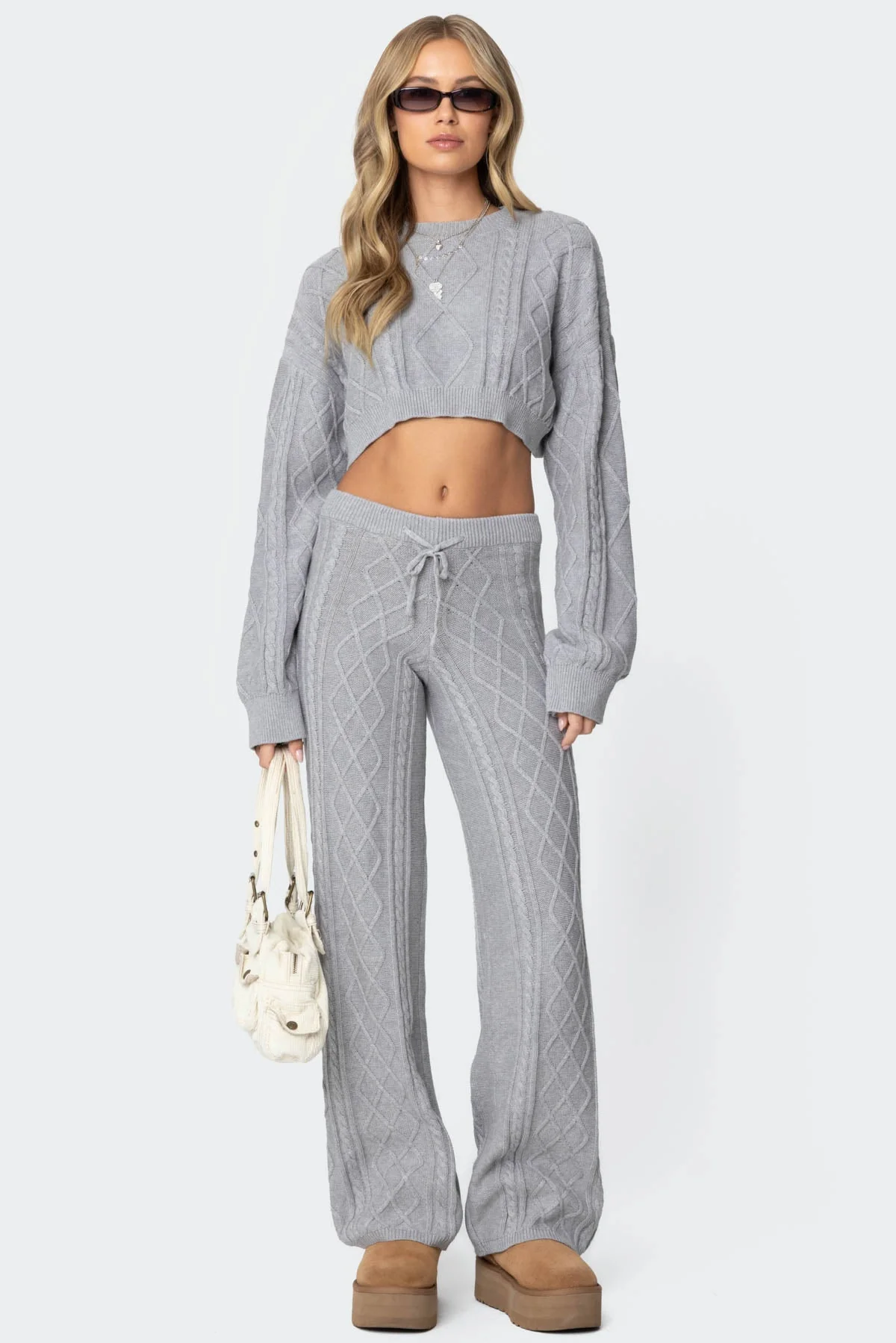 Gray Cable Knit Cropped Sweater