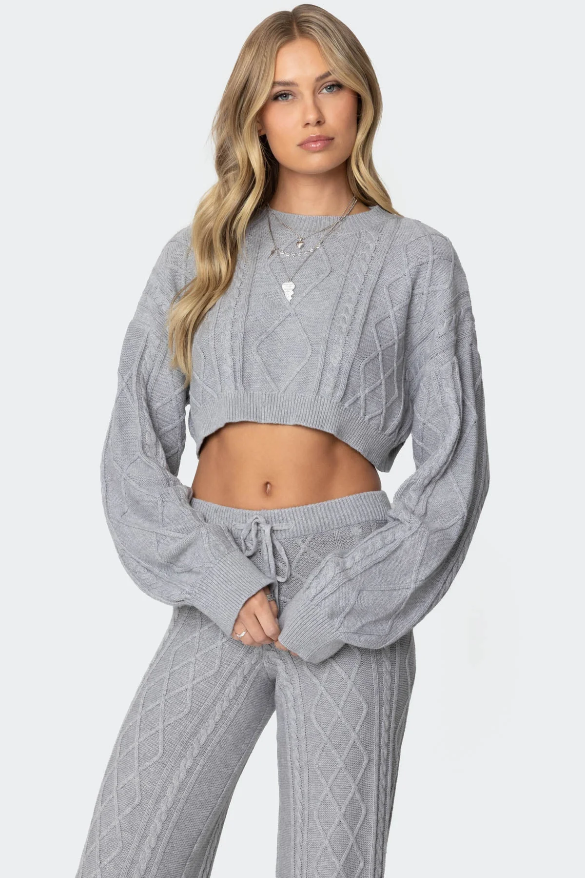 Gray Cable Knit Cropped Sweater