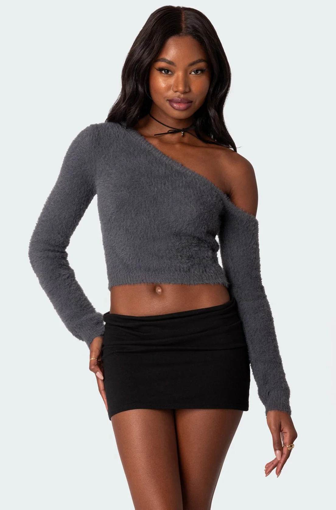 Gray One Shoulder Fuzzy Knit Sweater