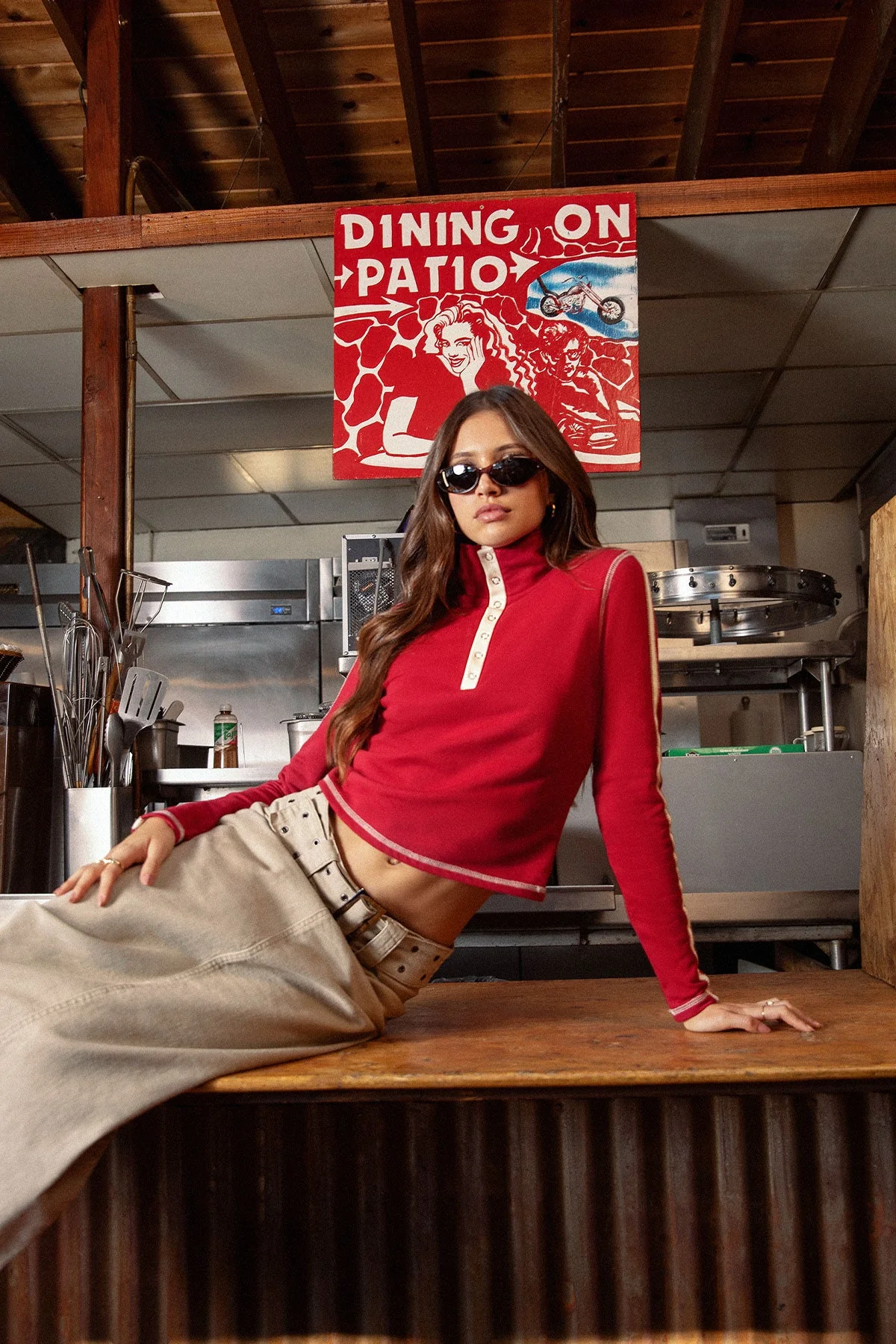 Red Cotton Contrast Stitch High Neck Top