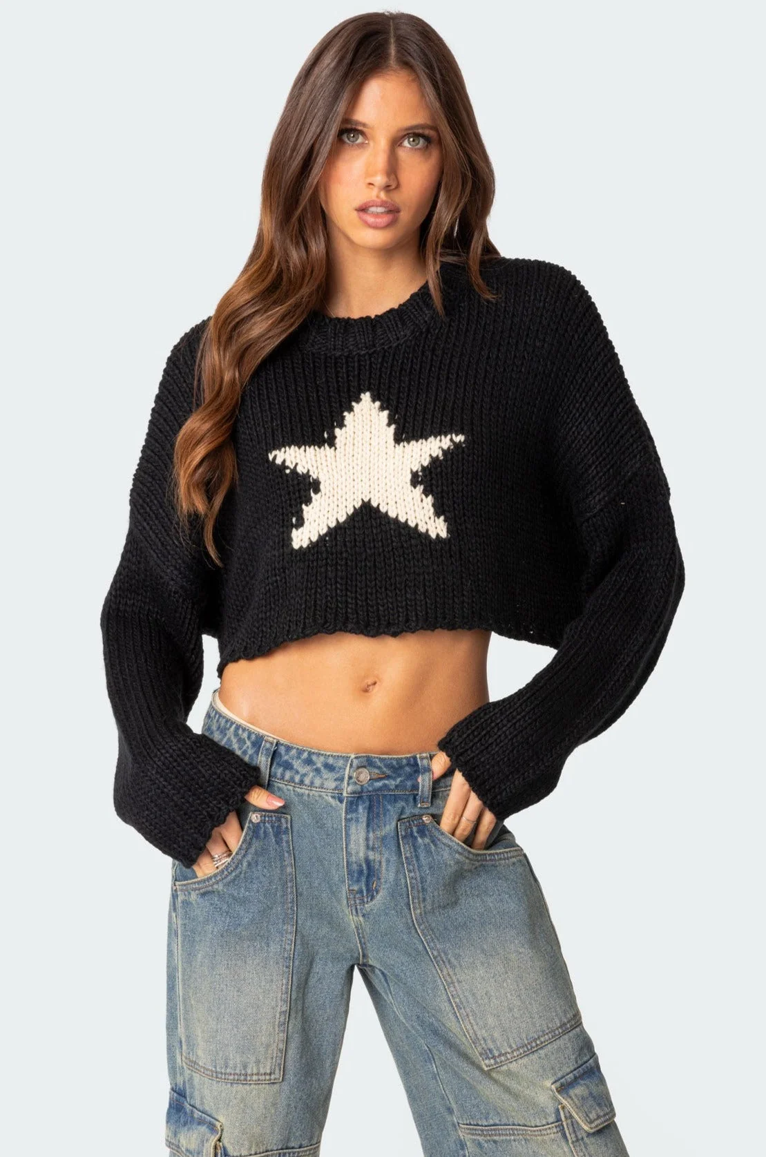 Black Knit Cropped Sweater XS/S-XL Long Sleeve