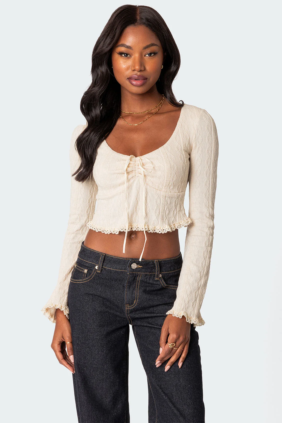 Cream Knit Long Sleeve Top with Delicate Lace Trim