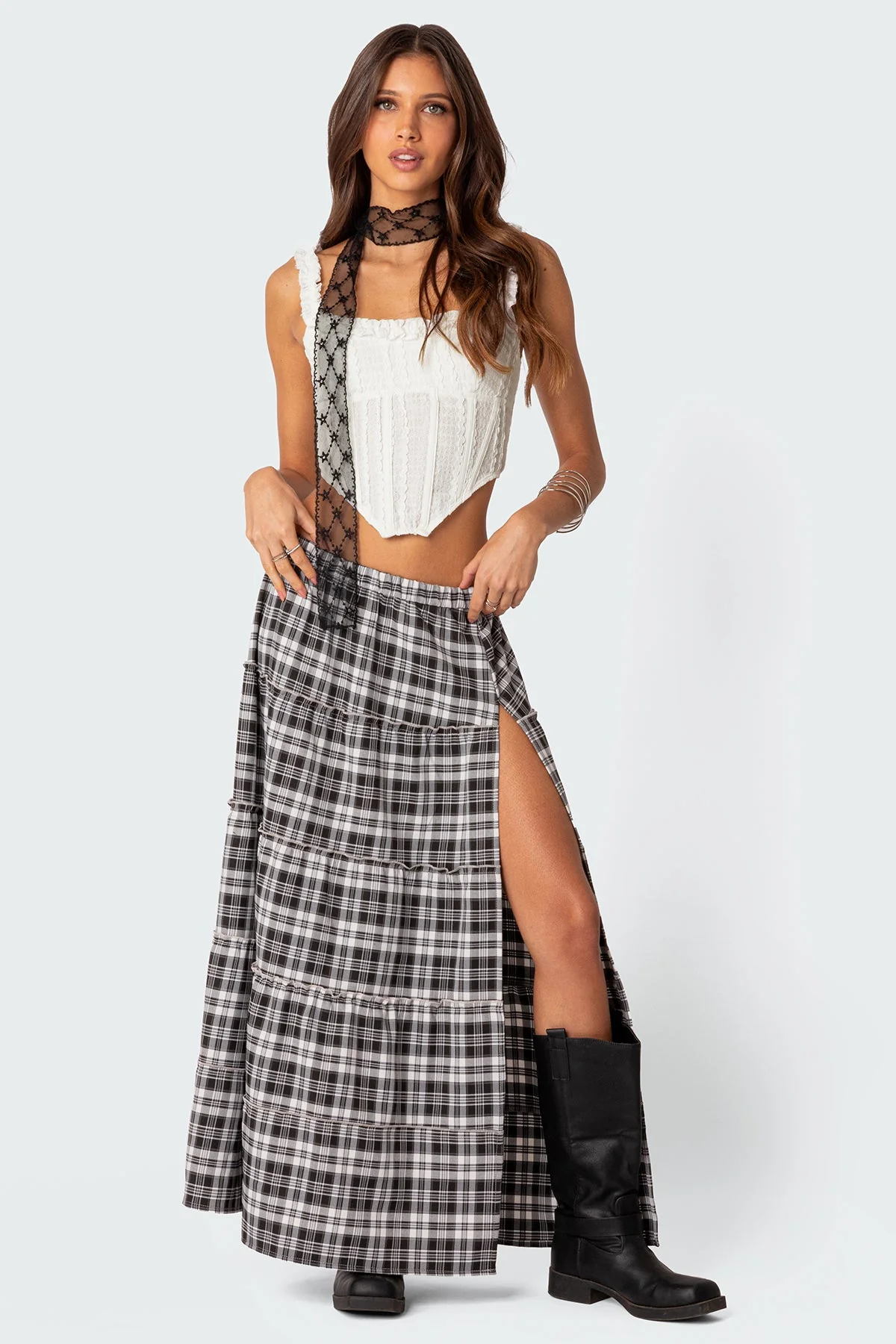 Plaid Tiered Maxi Skirt Black White Elastic Waistband