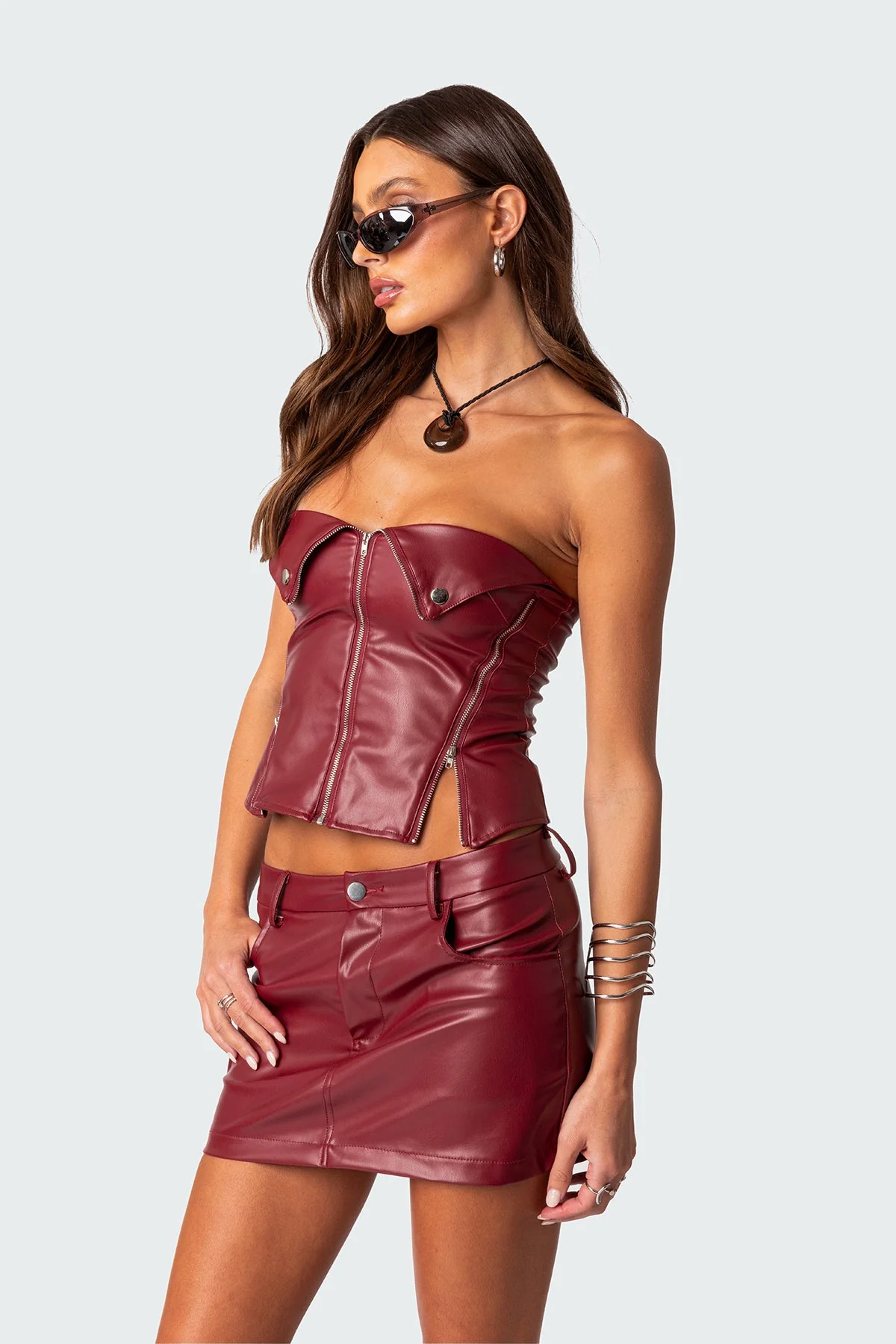 Faux Leather Zip Corset - Stylish Snap & Zip Front Closure