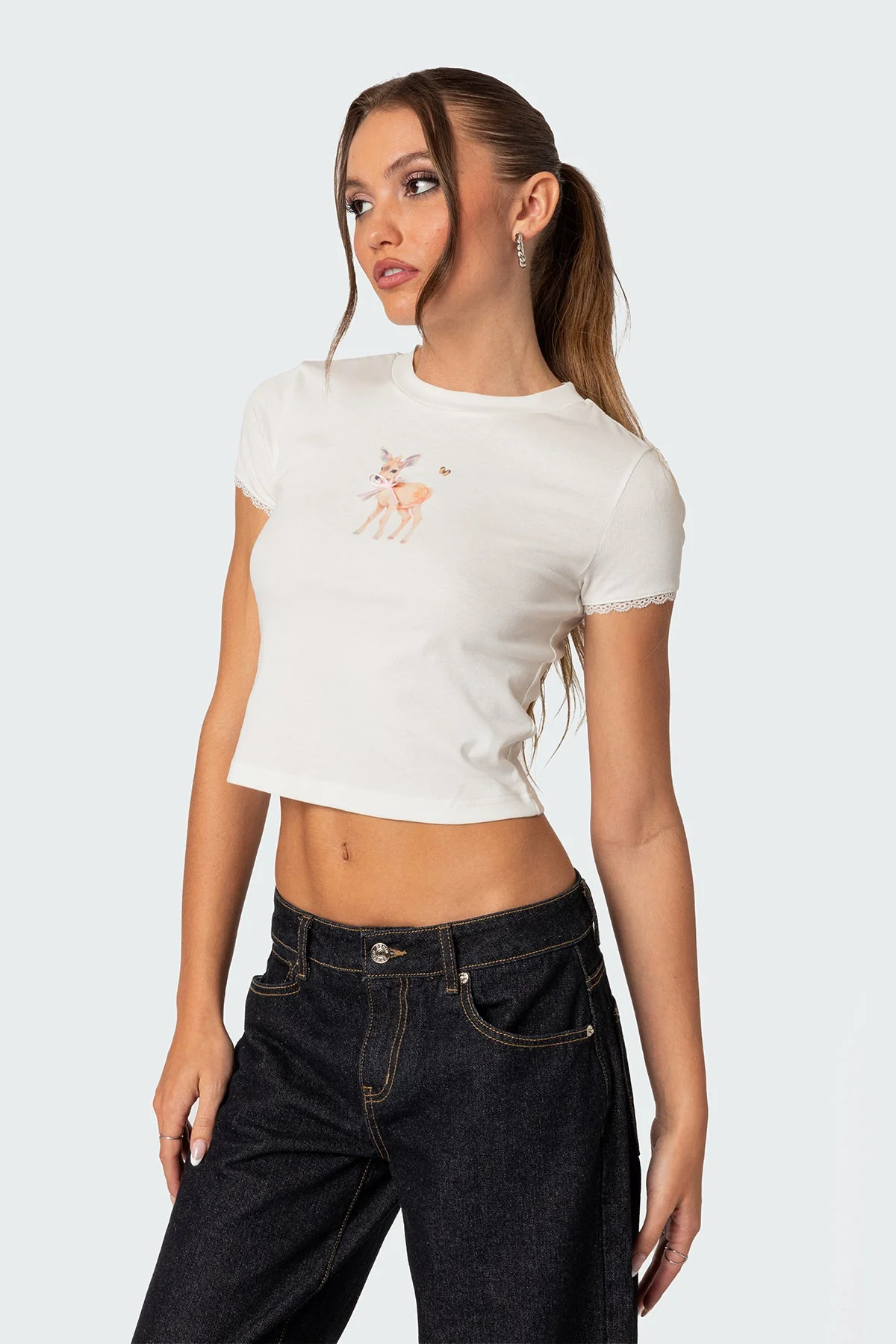 White Lace Trim T-Shirt - Womens Graphic Print Tee