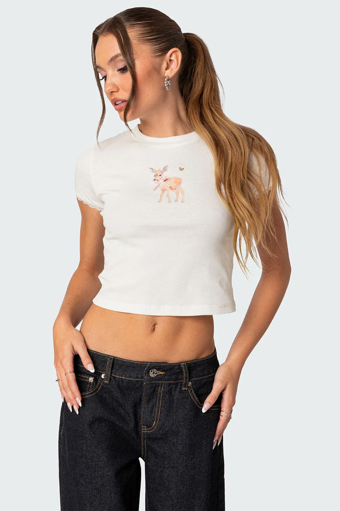 White Lace Trim T-Shirt - Womens Graphic Print Tee