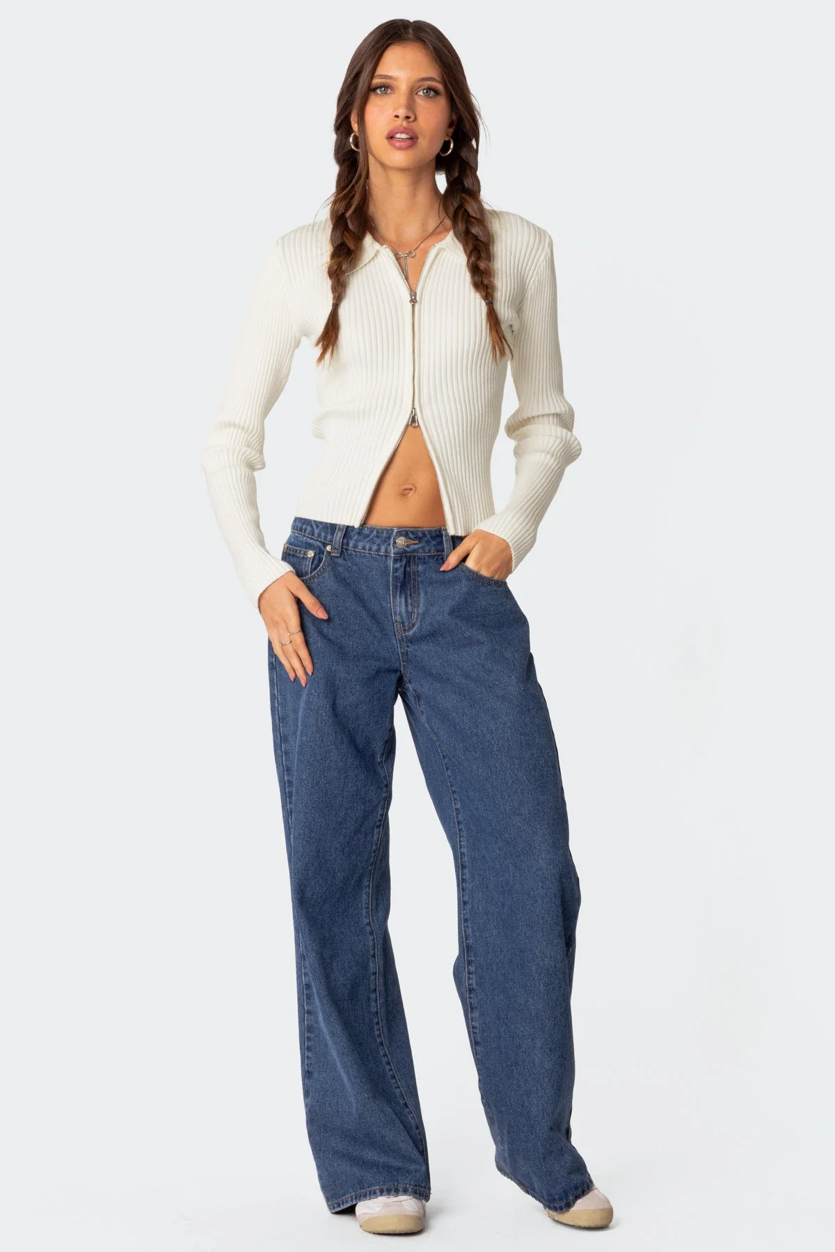 Cream Knitted Zip Up Cardigan for Women