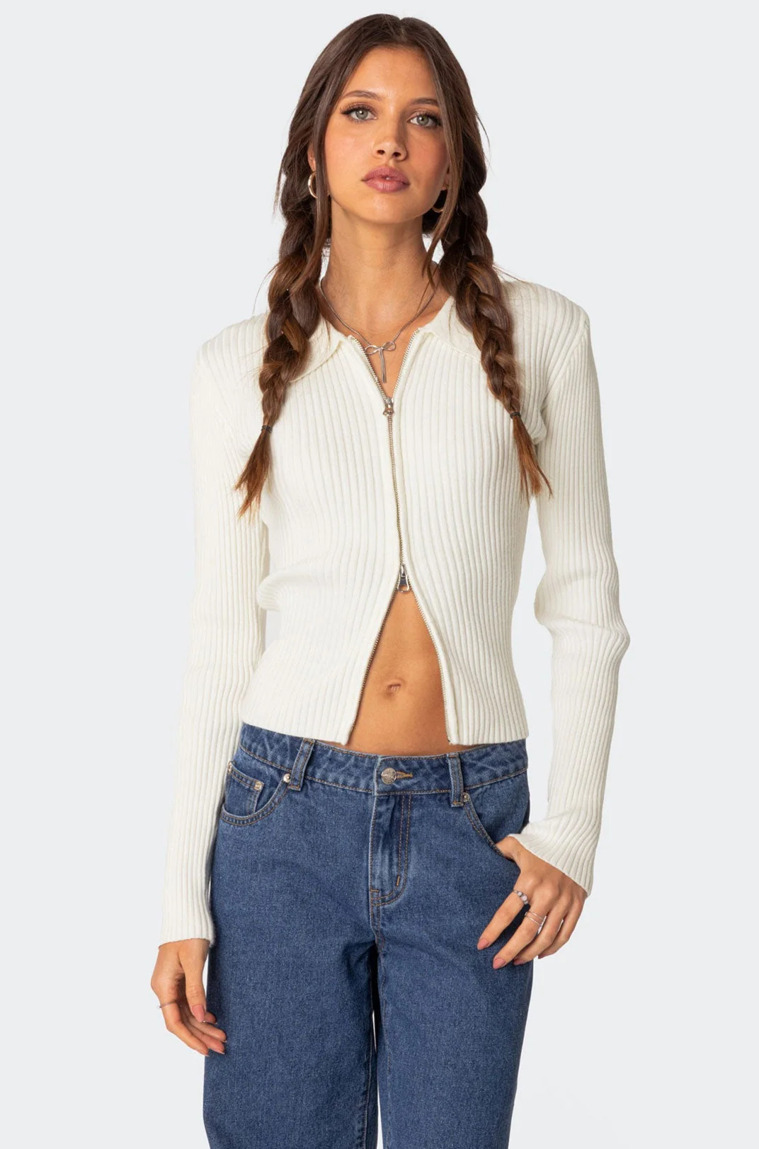 Cream Knitted Zip Up Cardigan for Women