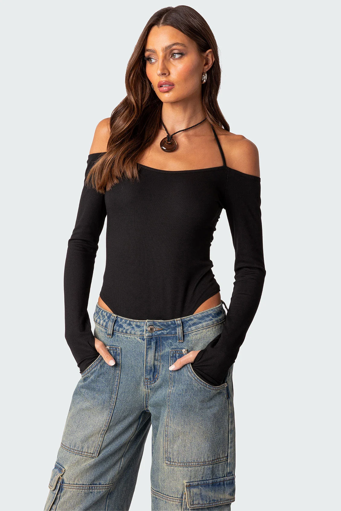 Black Ribbed Halter Neck Bodysuit