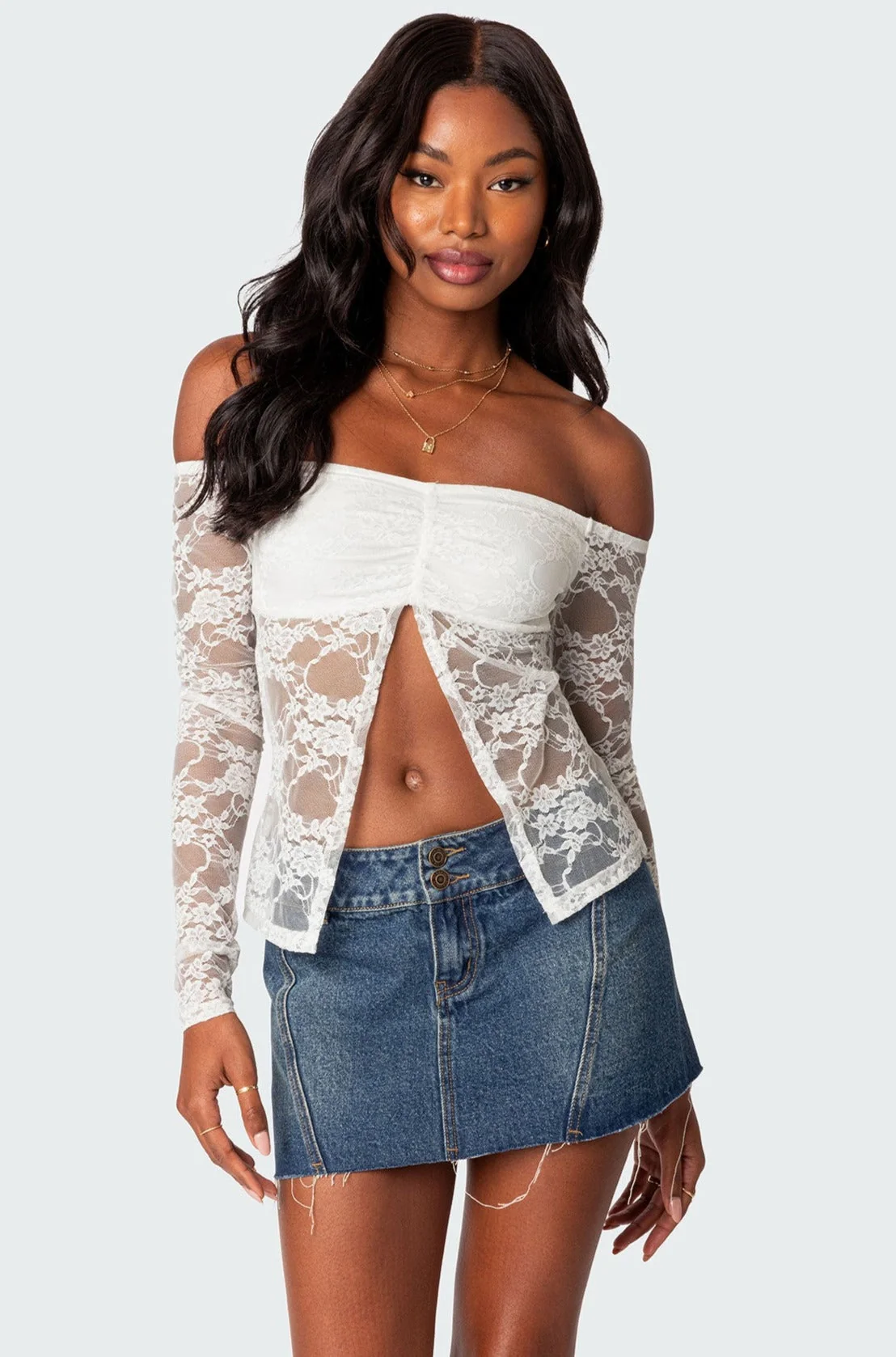 Elegant Odessa Lace Top - White Split Front Style