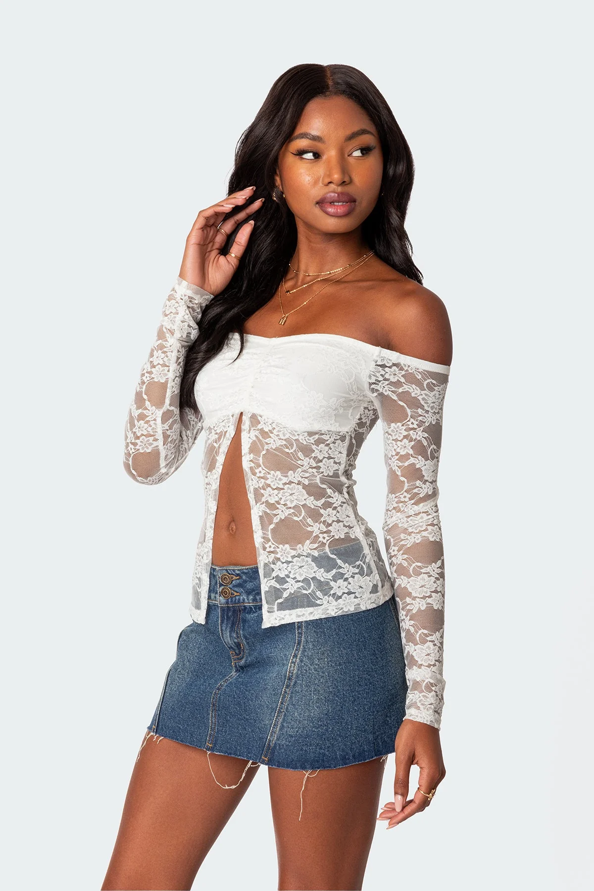 Elegant Odessa Lace Top - White Split Front Style