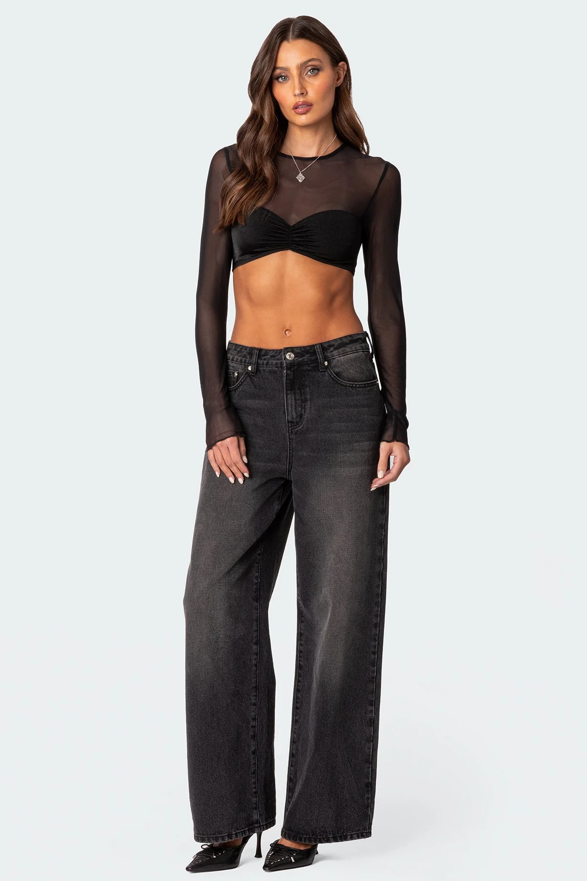 Sheer Black Crop Top Womens Double Fabric XS-XL