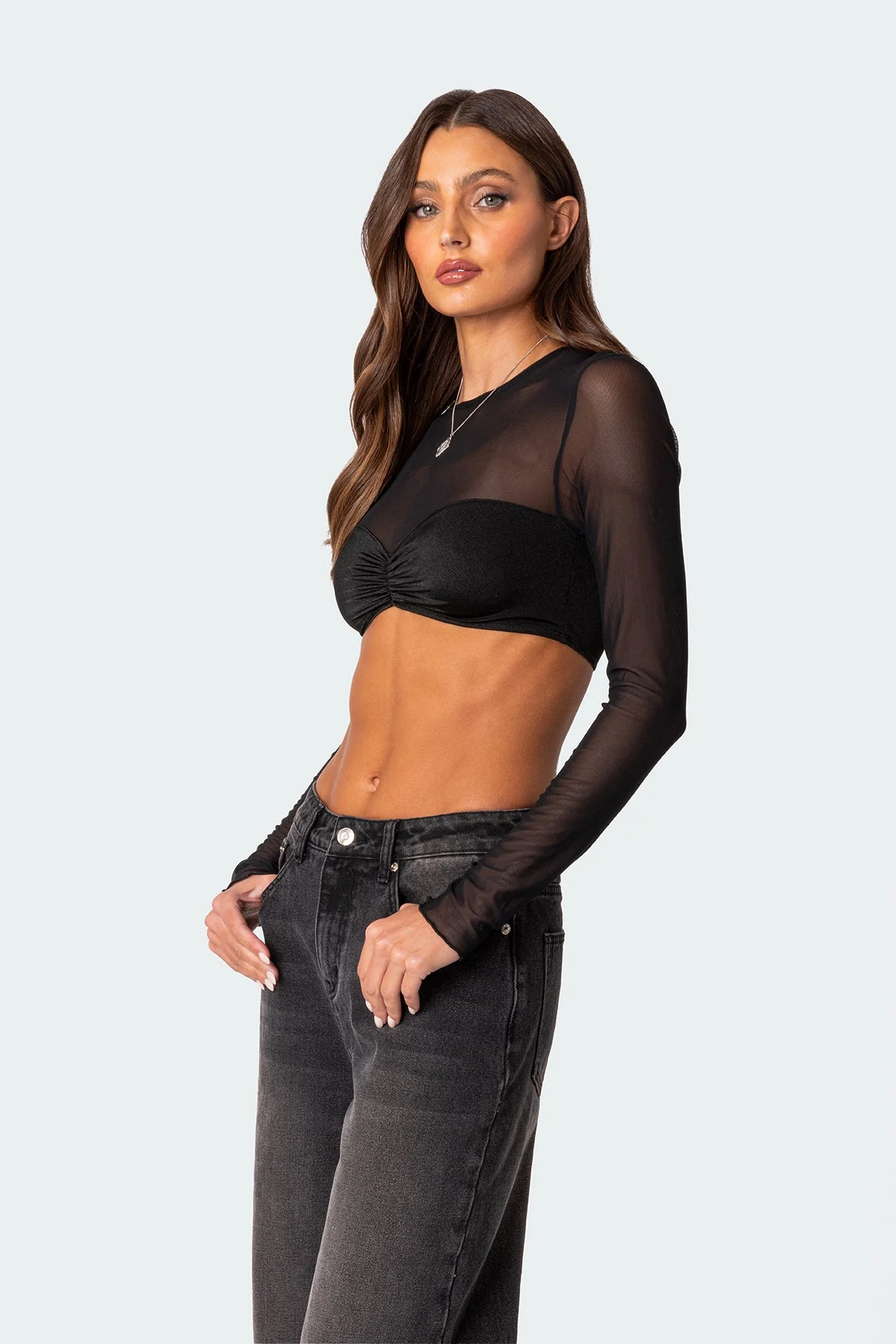 Sheer Black Crop Top Womens Double Fabric XS-XL
